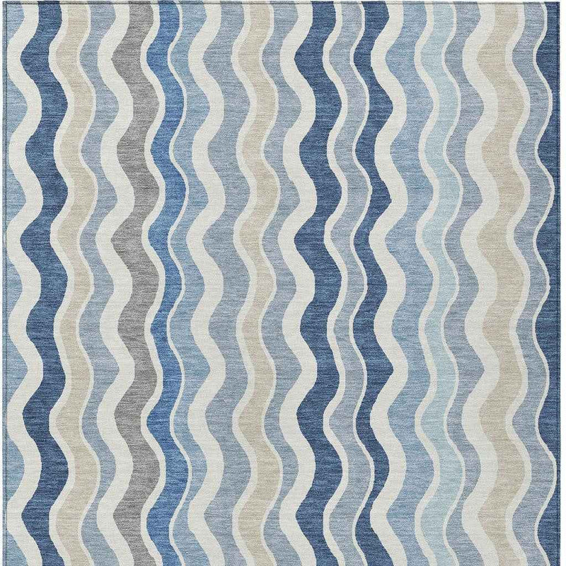 5' X 8' Blue Khaki And Ivory Striped Washable Indoor Outdoor Area Rug