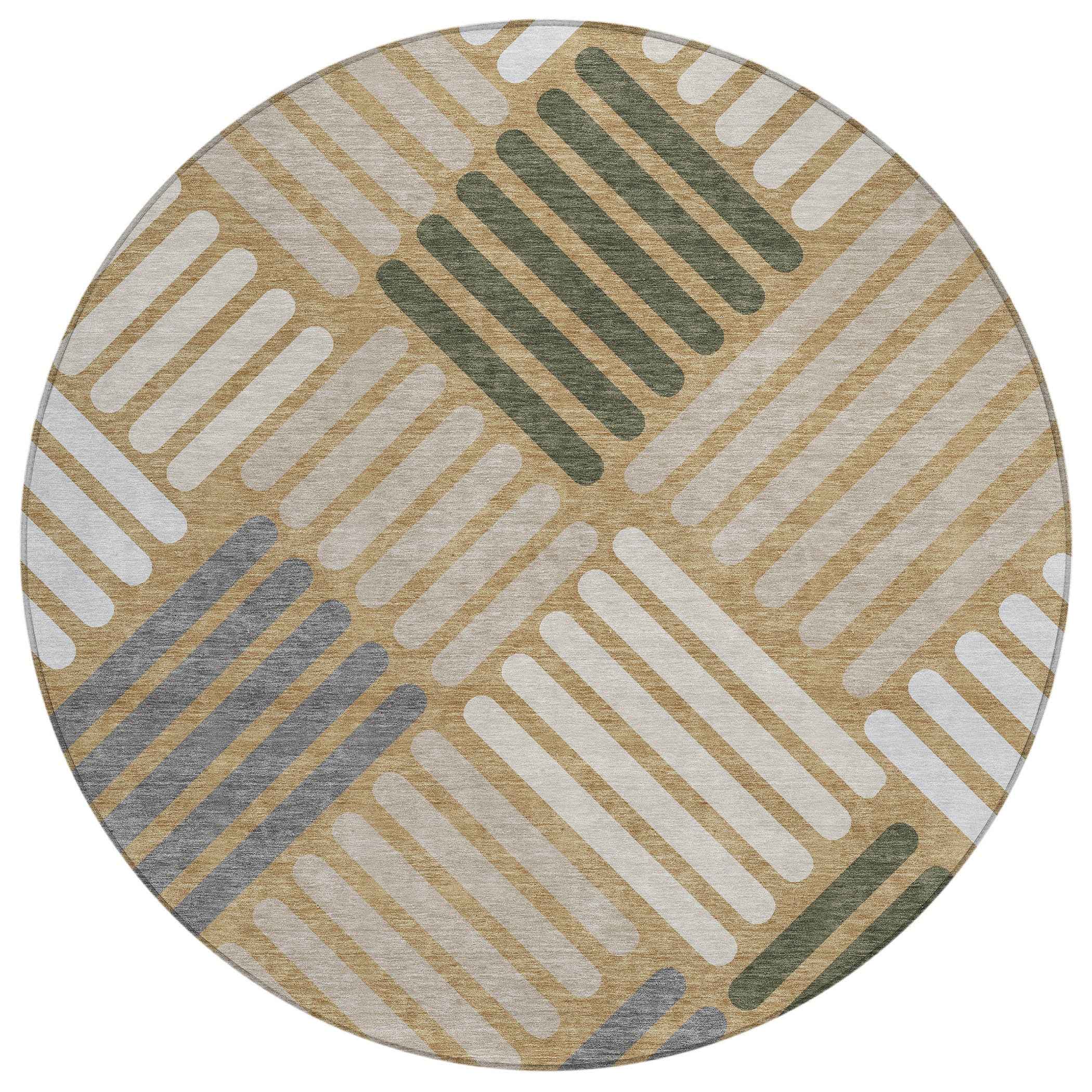 8' Gold Ivory And Charcoal Round Geometric Washable Indoor Outdoor Area Rug