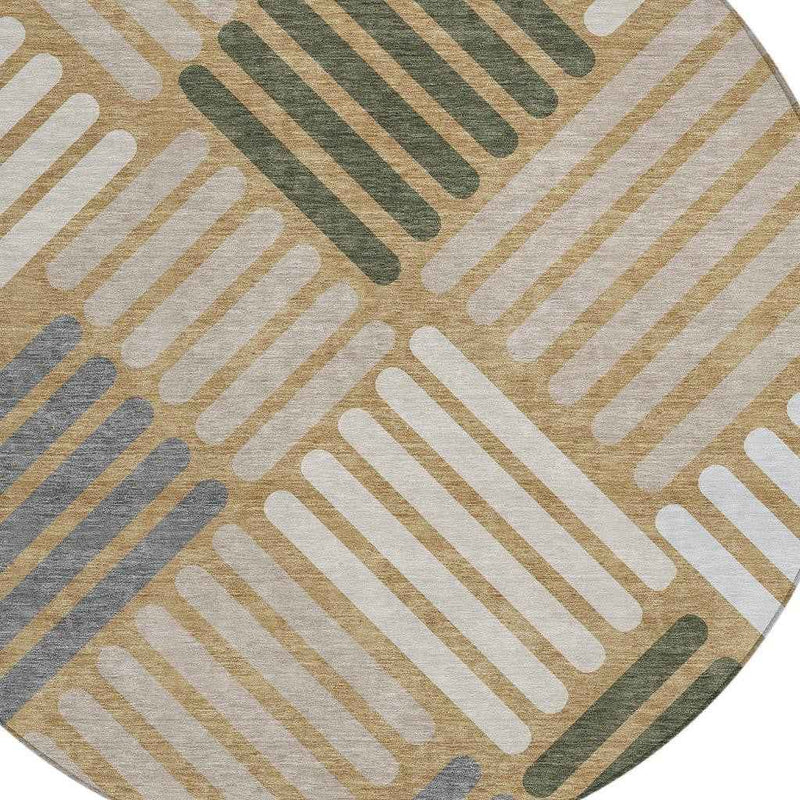 8' Gold Ivory And Charcoal Round Geometric Washable Indoor Outdoor Area Rug
