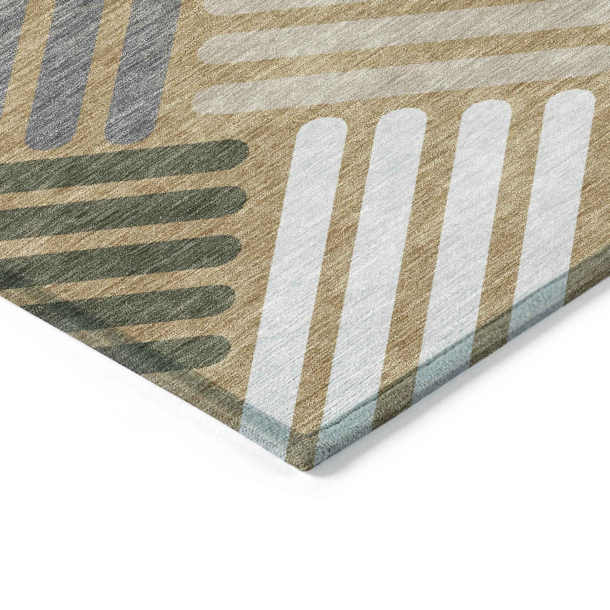 8' Gold Ivory And Charcoal Round Geometric Washable Indoor Outdoor Area Rug