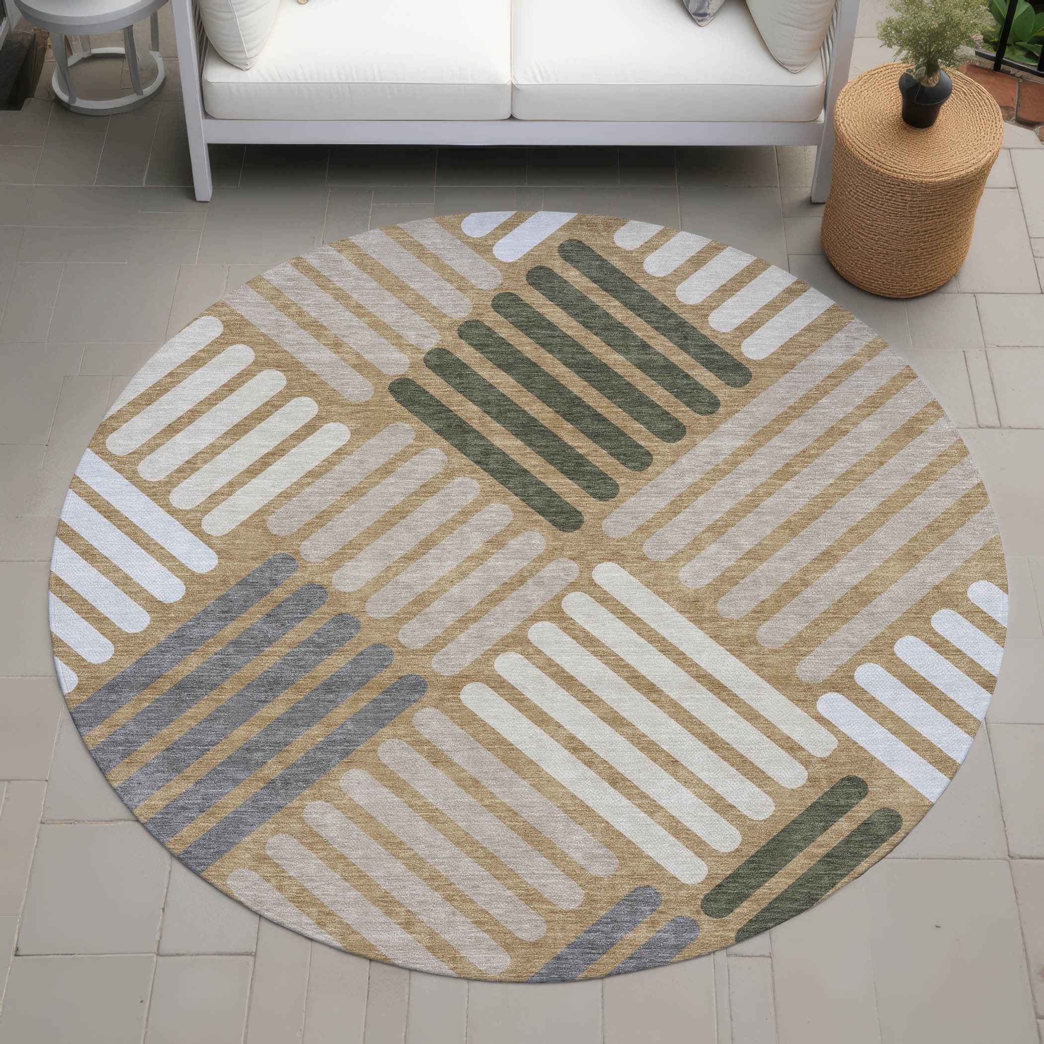 8' Gold Ivory And Charcoal Round Geometric Washable Indoor Outdoor Area Rug