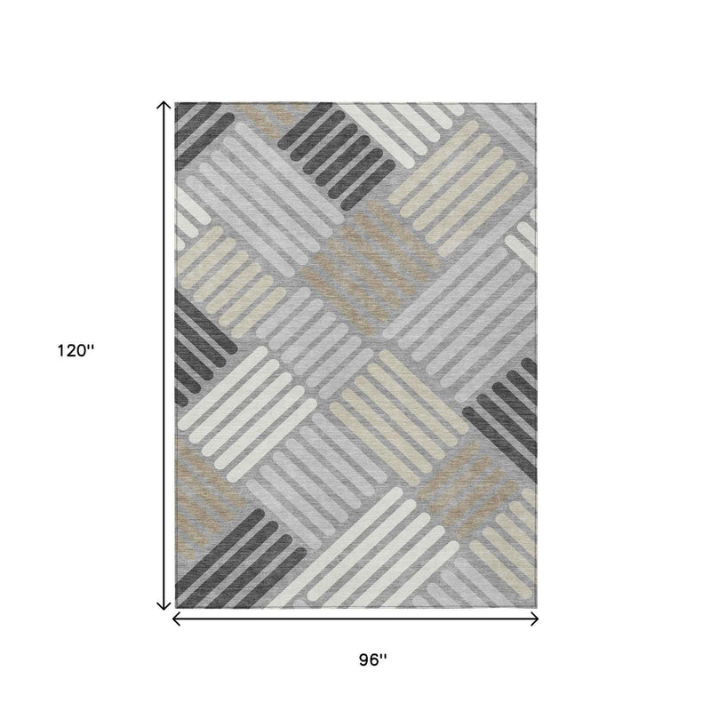 8' X 10' Gray Ivory And Tan Geometric Washable Indoor Outdoor Area Rug
