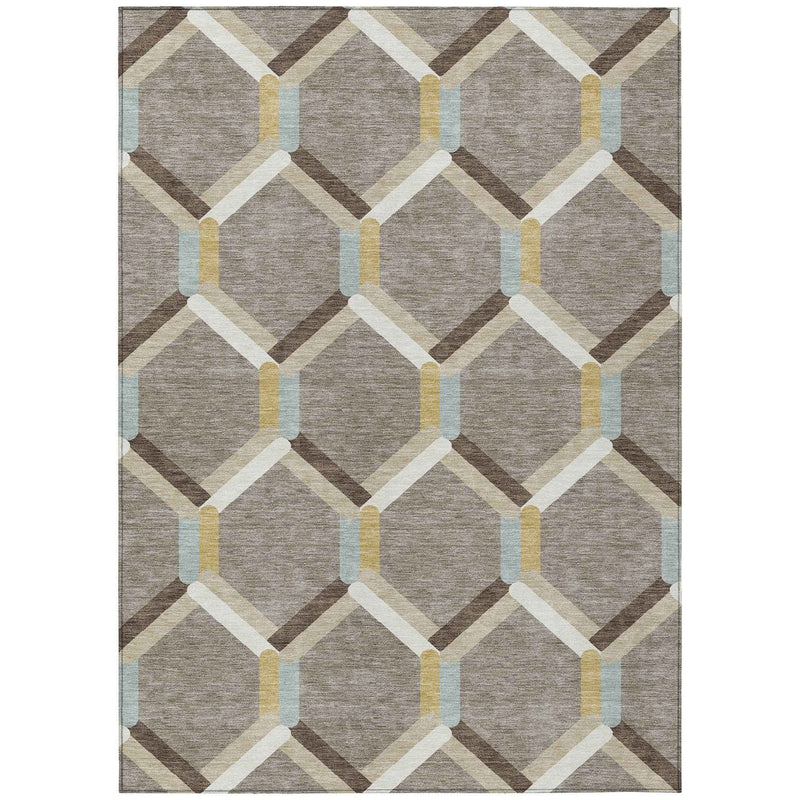 3' X 5' Brown Ivory And Beige Geometric Washable Indoor Outdoor Area Rug