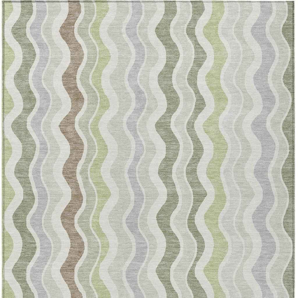 3' X 5' Artichoke Green Ivory And Brown Striped Washable Indoor Outdoor Area Rug