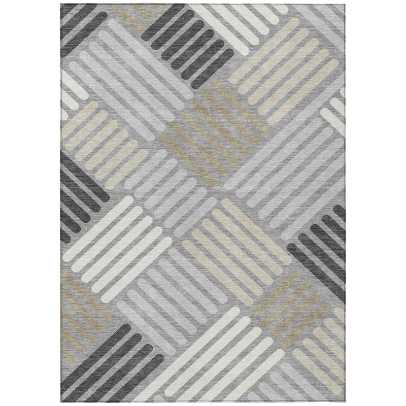 3' X 5' Gray Ivory And Tan Geometric Washable Indoor Outdoor Area Rug