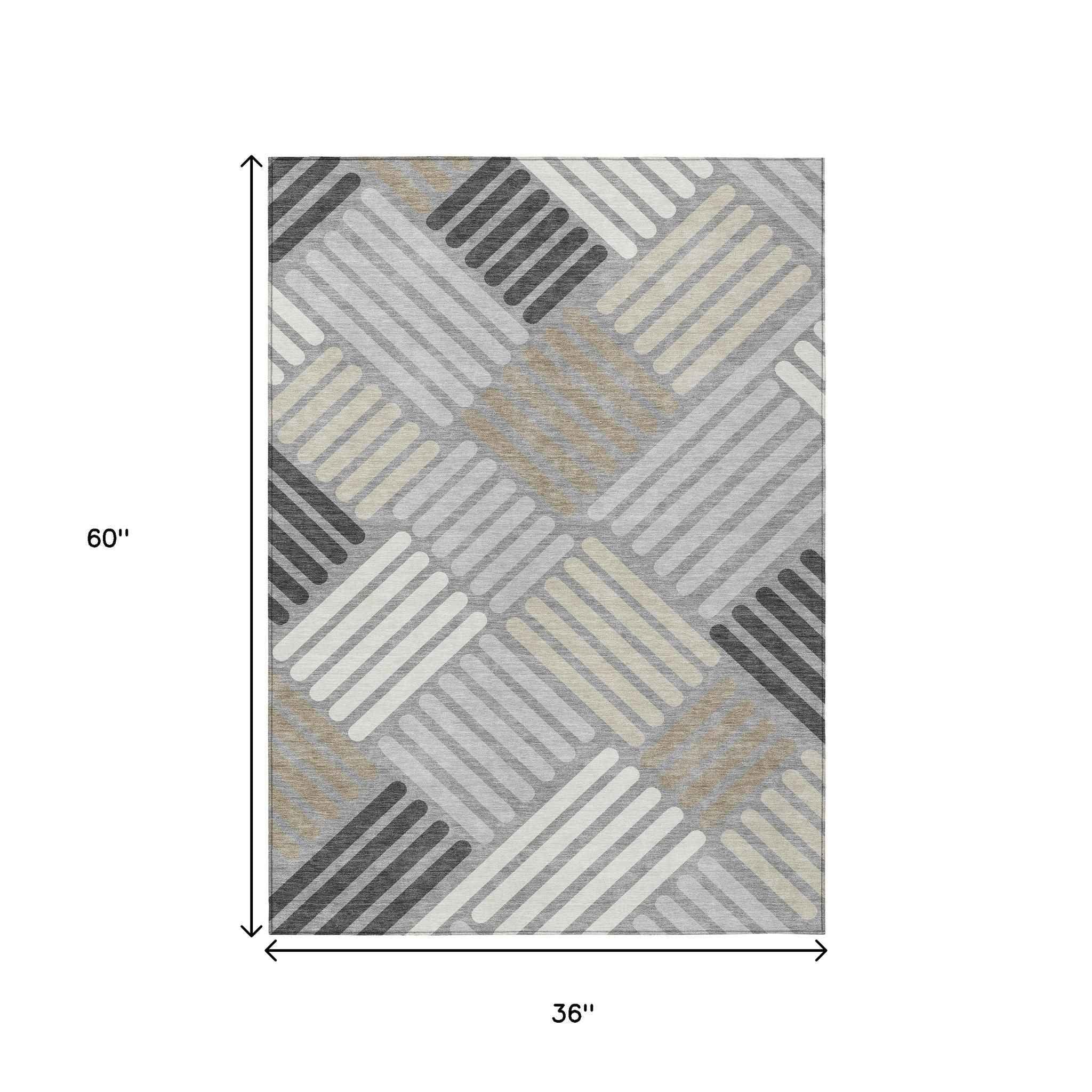 3' X 5' Gray Ivory And Tan Geometric Washable Indoor Outdoor Area Rug
