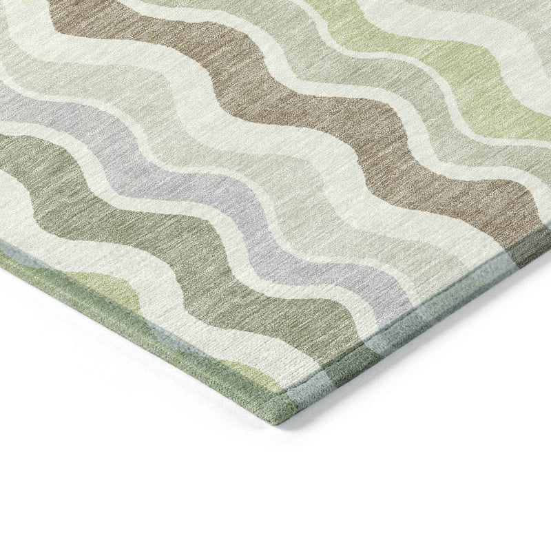 3' X 5' Artichoke Green Ivory And Brown Striped Washable Indoor Outdoor Area Rug