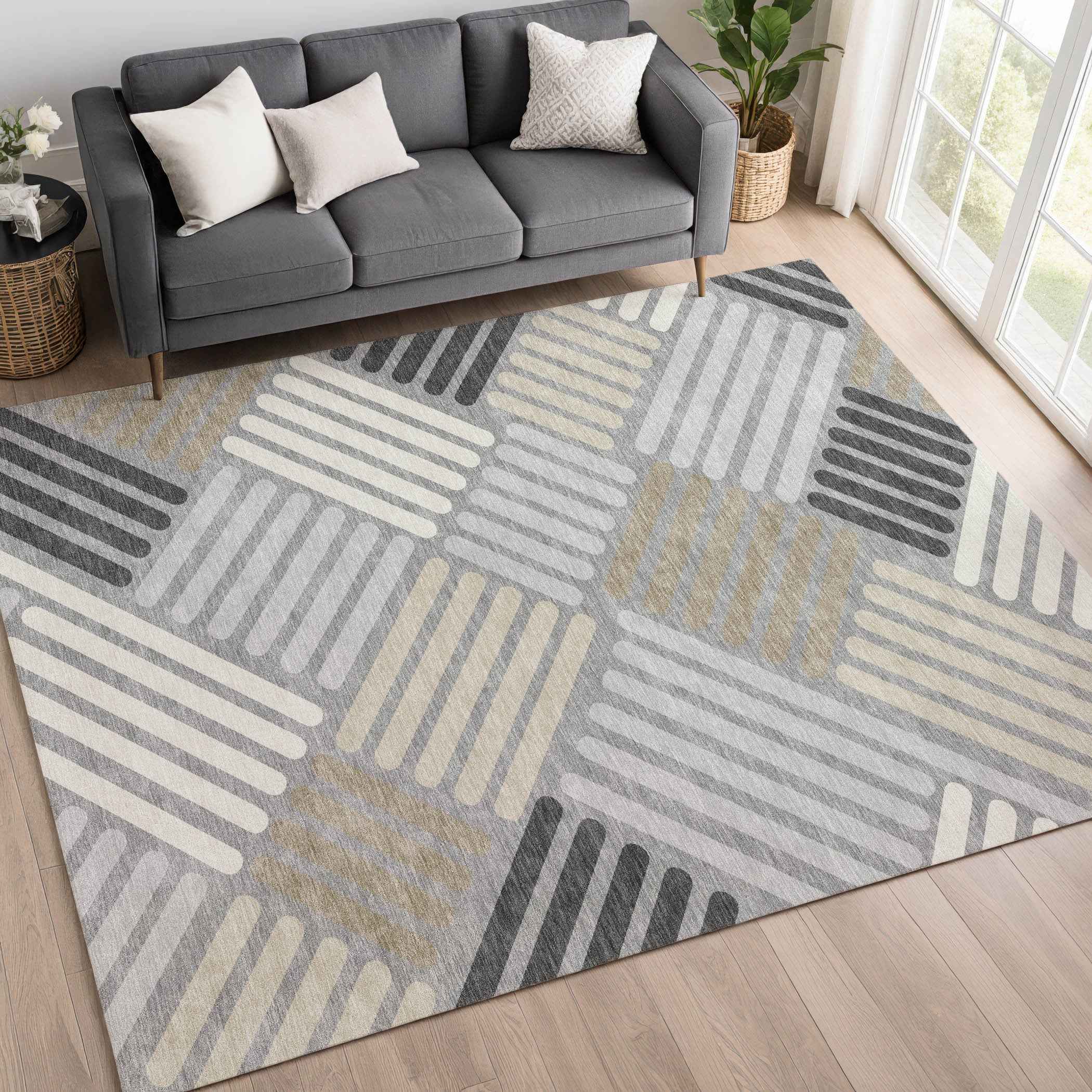 3' X 5' Gray Ivory And Tan Geometric Washable Indoor Outdoor Area Rug