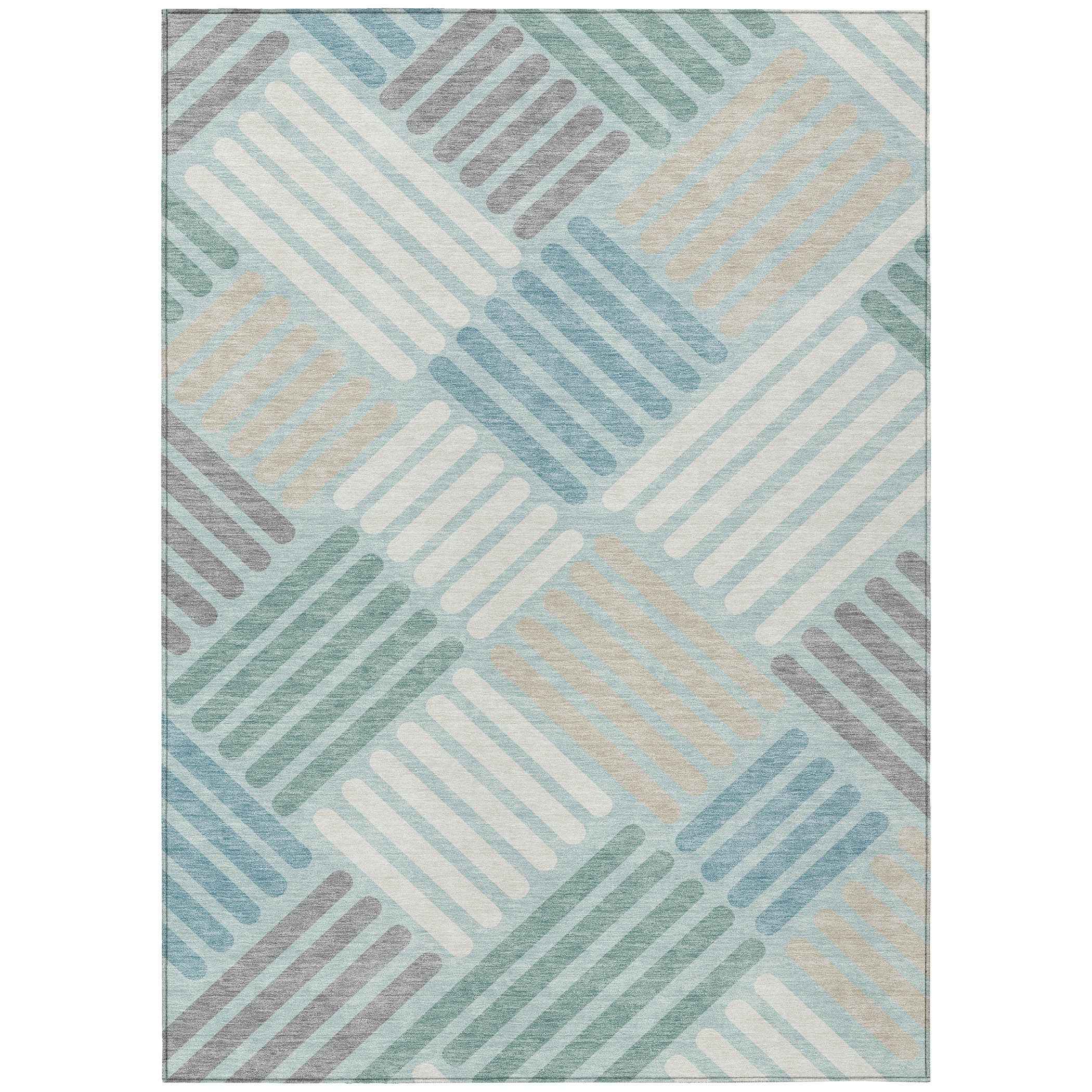 5' X 8' Pale Aqua Wheat And Ivory Geometric Washable Indoor Outdoor Area Rug