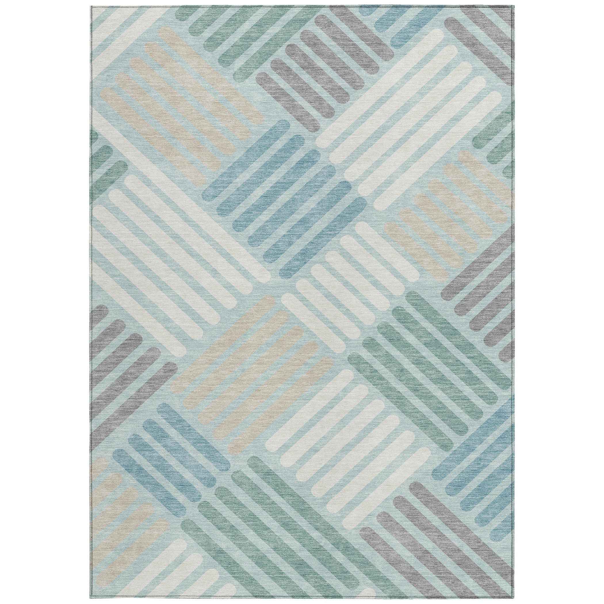 5' X 8' Pale Aqua Wheat And Ivory Geometric Washable Indoor Outdoor Area Rug