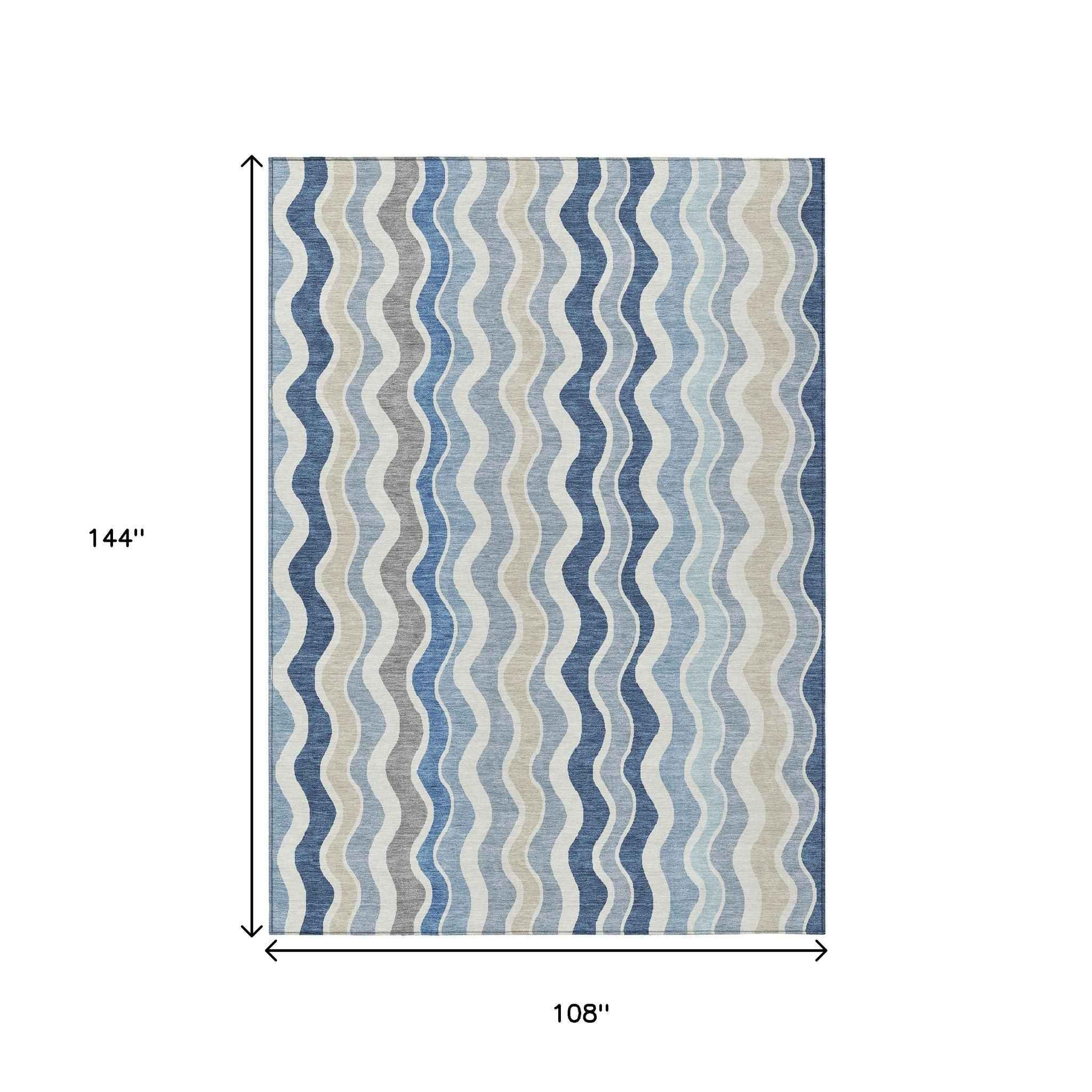 9' X 12' Blue Khaki And Ivory Striped Washable Indoor Outdoor Area Rug