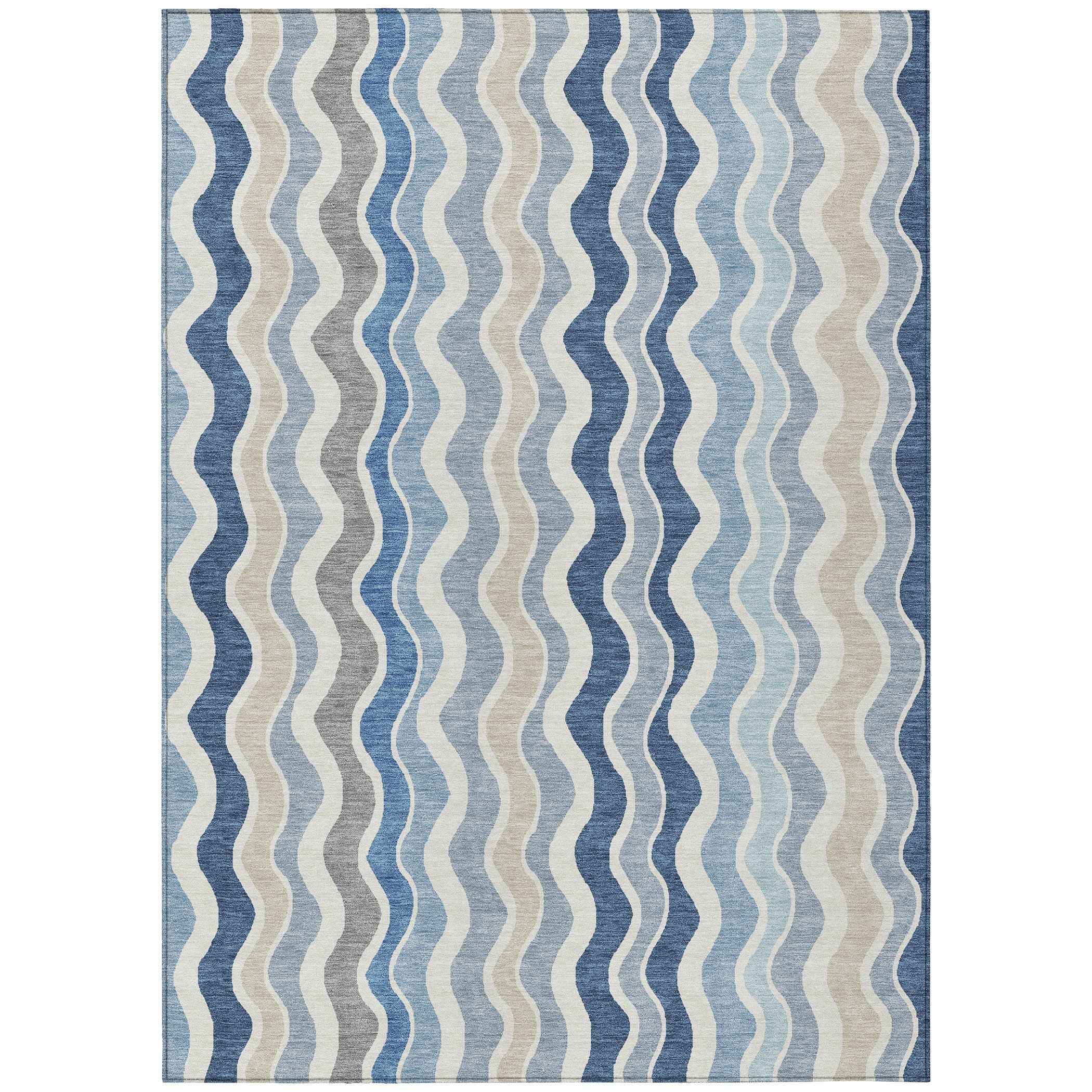 9' X 12' Blue Khaki And Ivory Striped Washable Indoor Outdoor Area Rug