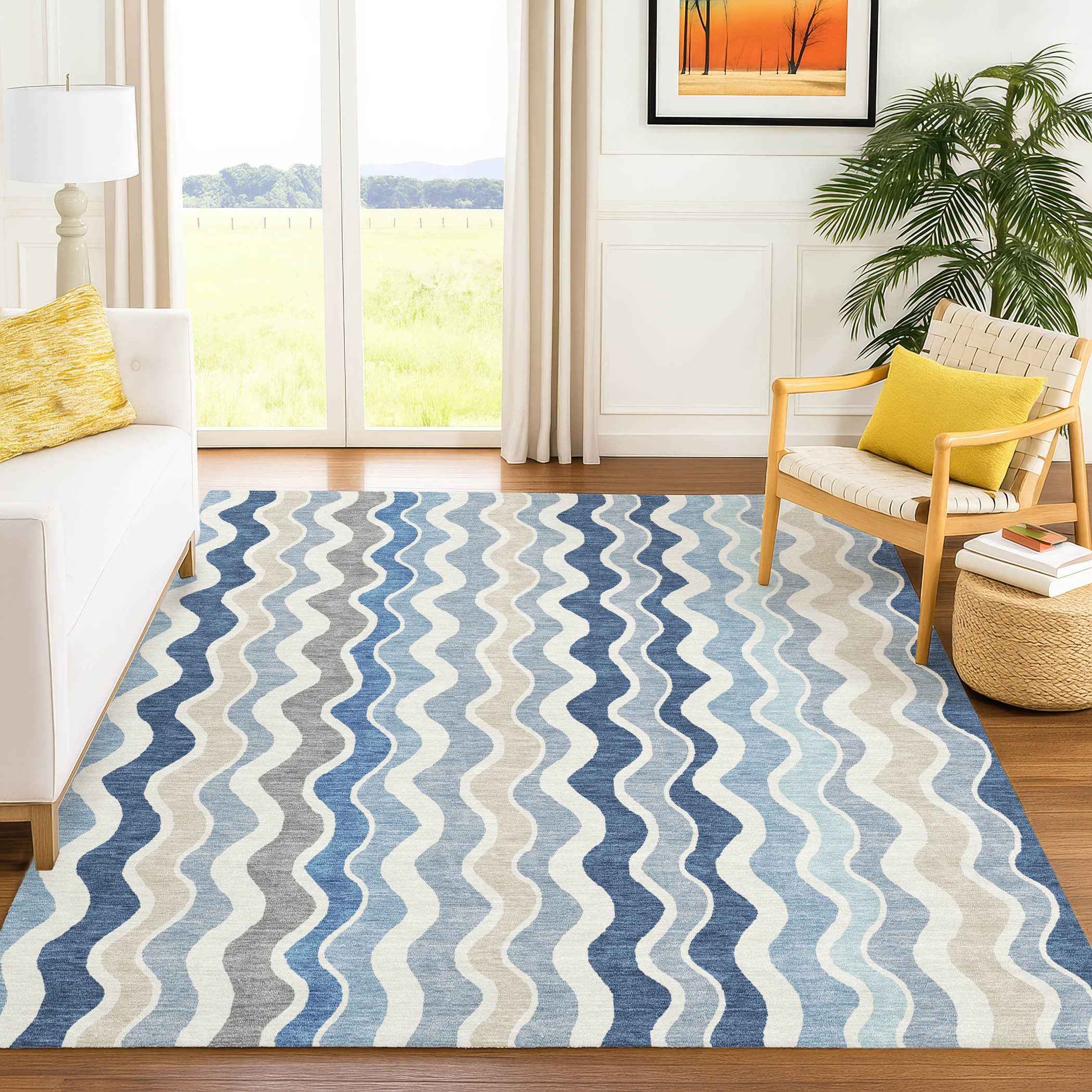 9' X 12' Blue Khaki And Ivory Striped Washable Indoor Outdoor Area Rug