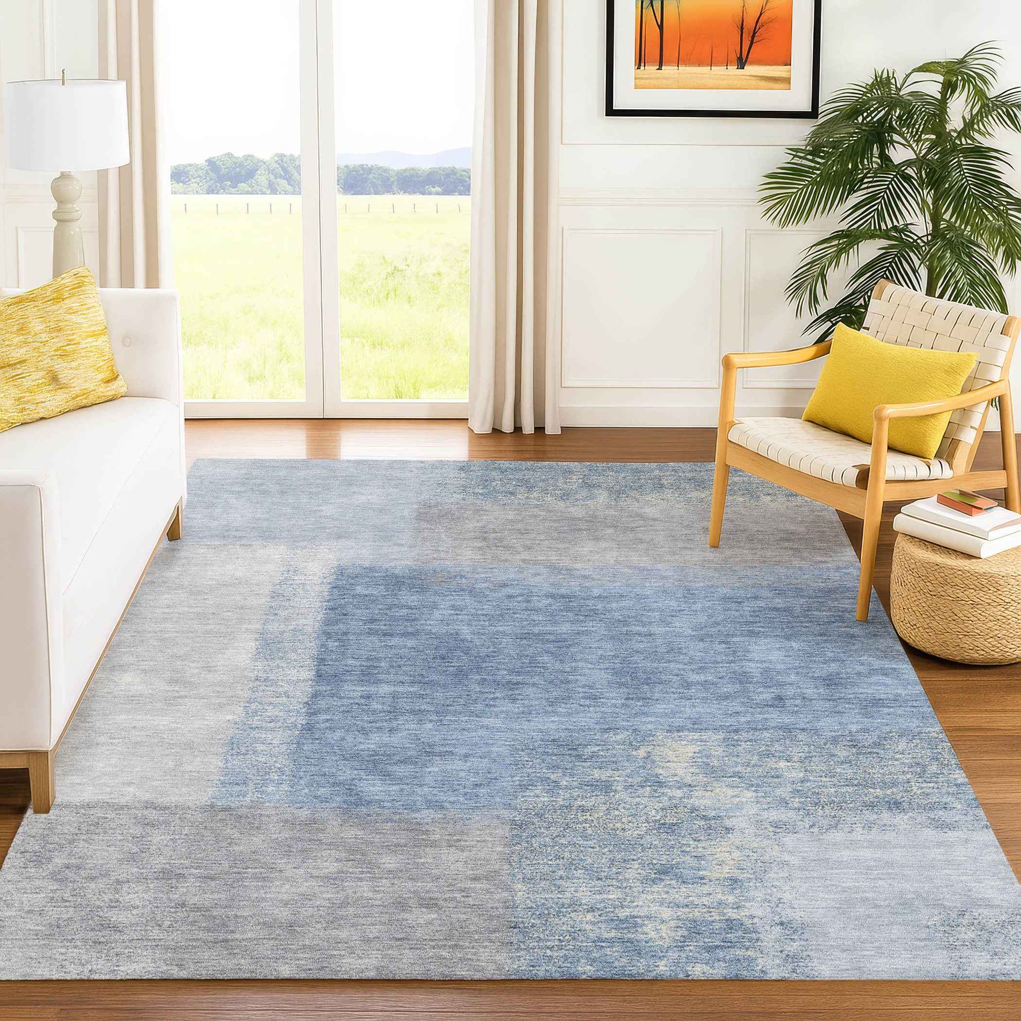 8' X 10' Denim Blue Ivory And Gray Abstract Washable Indoor Outdoor Area Rug