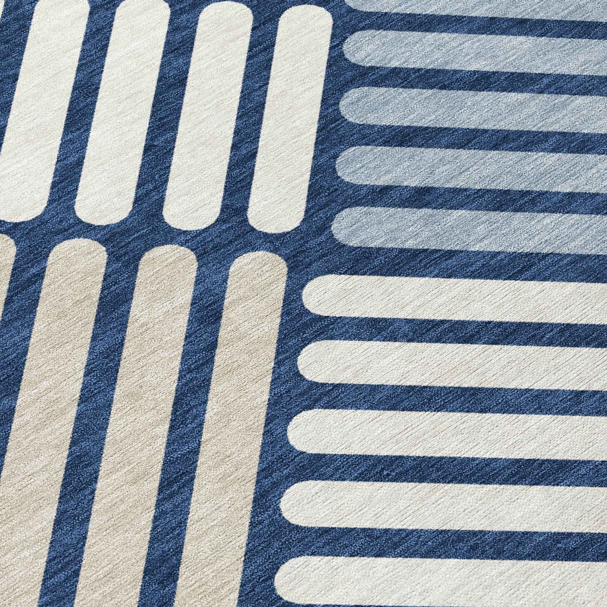 5' X 8' Navy Blue Ivory And Pewter Geometric Washable Indoor Outdoor Area Rug