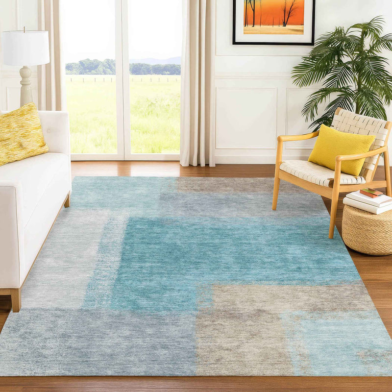 9' X 12' Teal Blue Ivory And Gray Abstract Washable Indoor Outdoor Area Rug