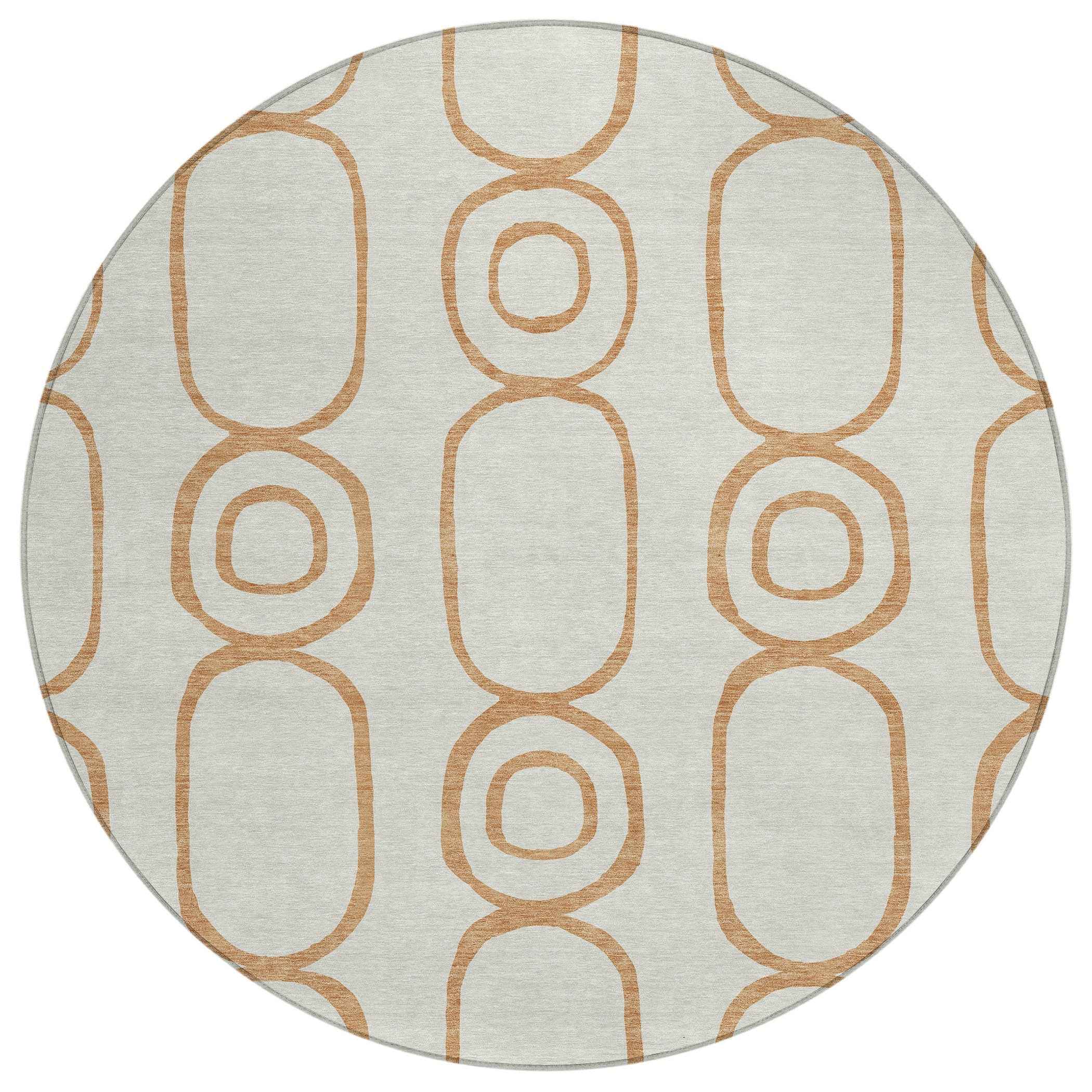 8' Copper And Ivory Round Geometric Washable Indoor Outdoor Area Rug