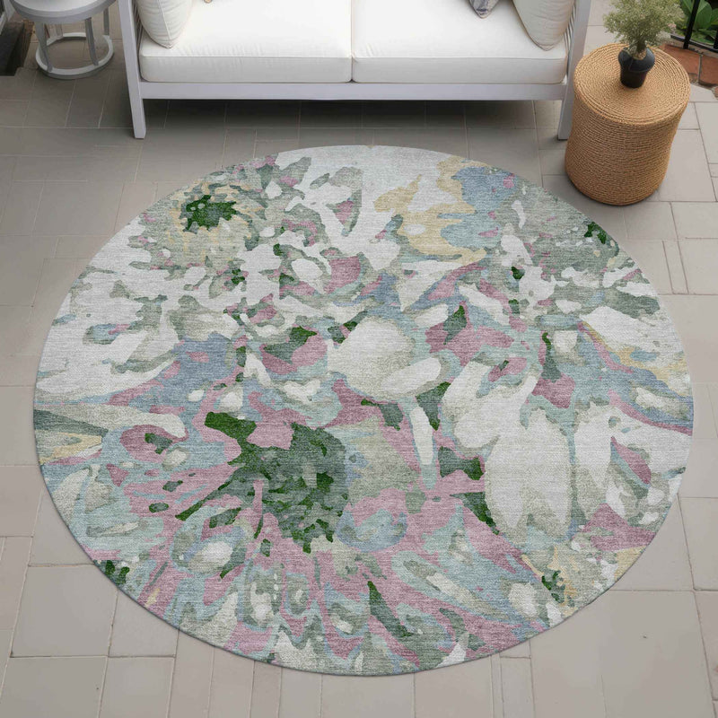8' Sage Gold And Emerald Round Floral Washable Indoor Outdoor Area Rug