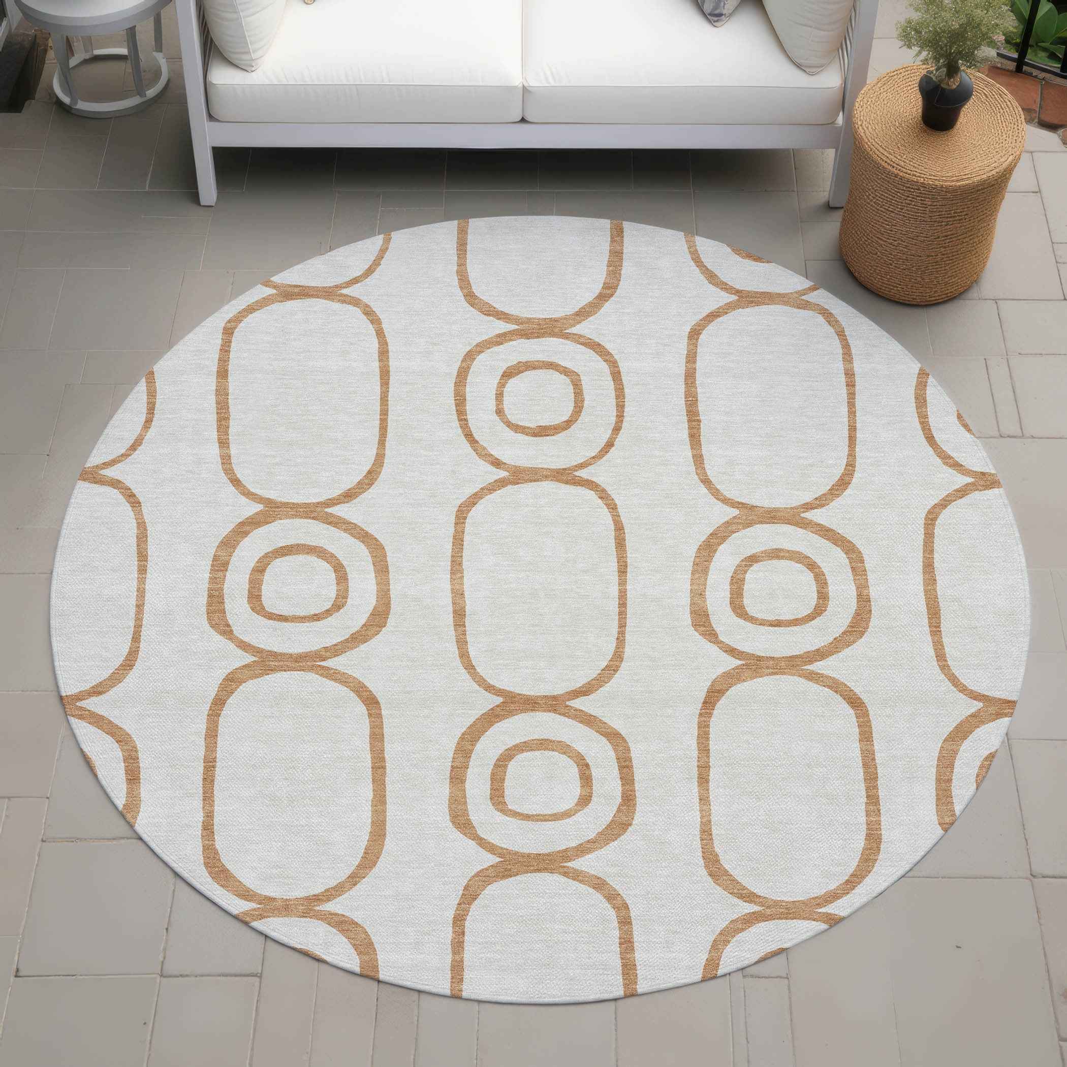 8' Copper And Ivory Round Geometric Washable Indoor Outdoor Area Rug