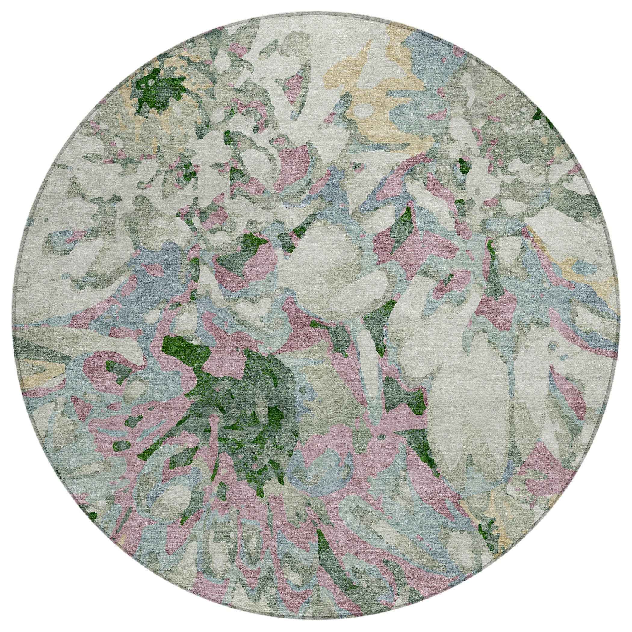 8' Sage Gold And Emerald Round Floral Washable Indoor Outdoor Area Rug