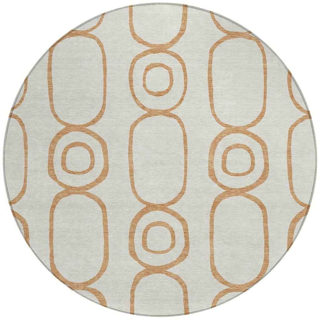 8' Copper And Ivory Round Geometric Washable Indoor Outdoor Area Rug