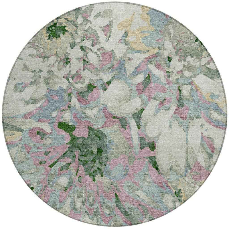 8' Sage Gold And Emerald Round Floral Washable Indoor Outdoor Area Rug