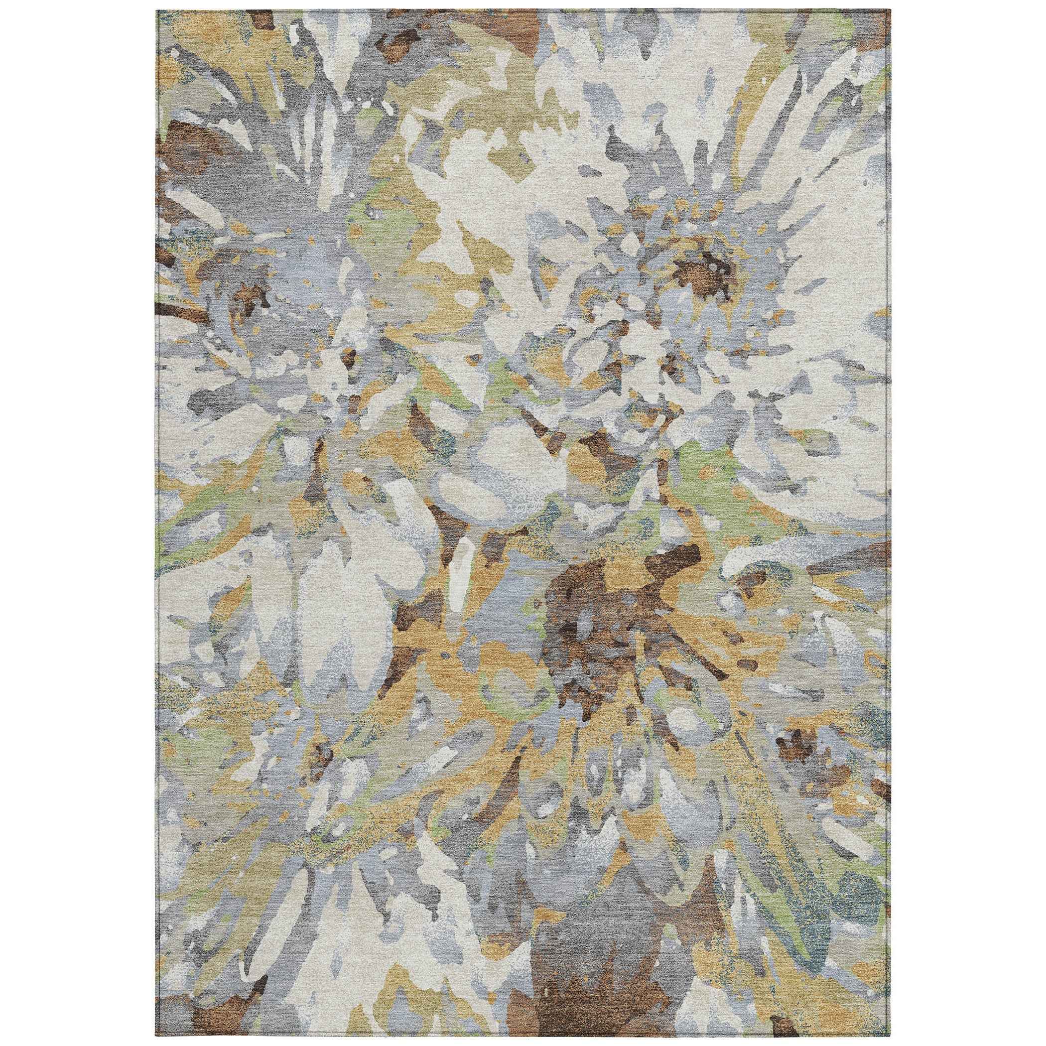 8' X 10' Wheat Ivory And Gray Floral Washable Indoor Outdoor Area Rug