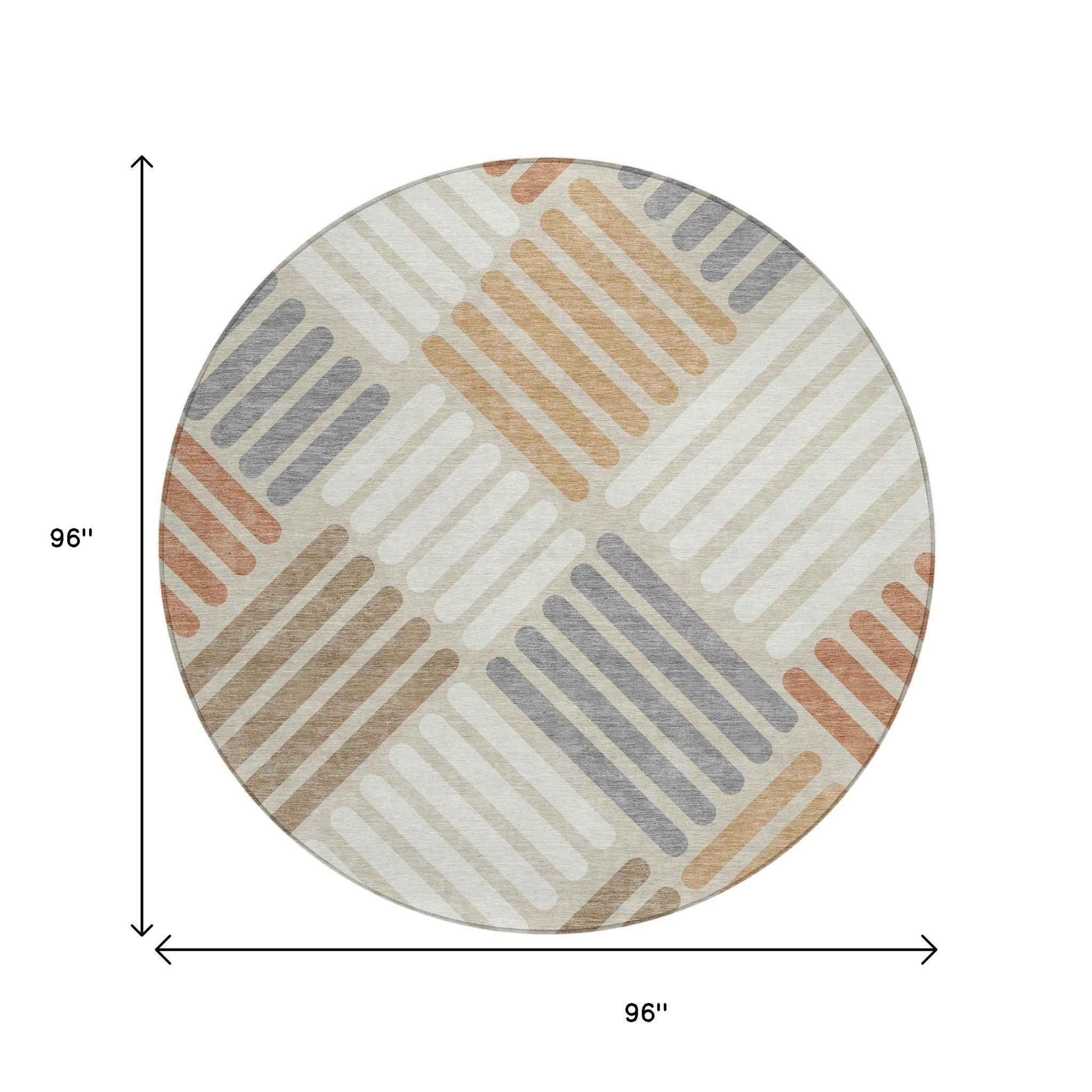 8' Copper Ivory And Rust Round Geometric Washable Indoor Outdoor Area Rug
