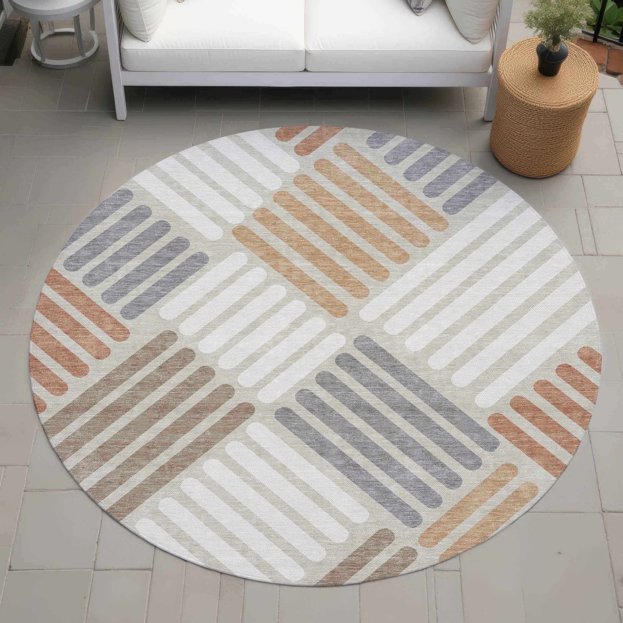 8' Copper Ivory And Rust Round Geometric Washable Indoor Outdoor Area Rug