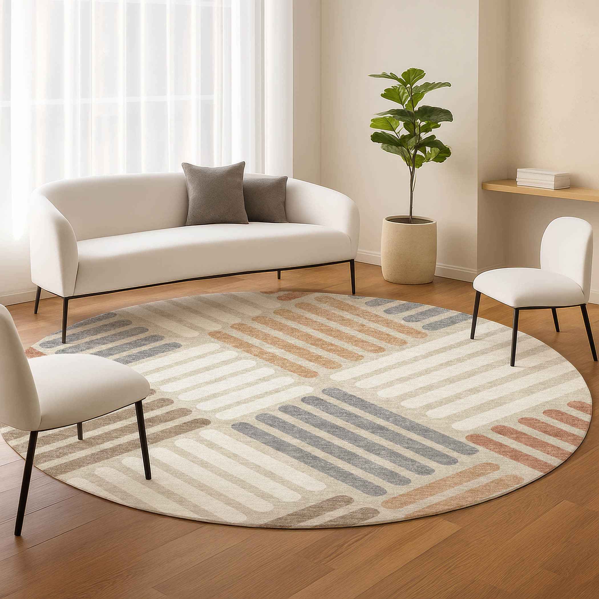 8' Copper Ivory And Rust Round Geometric Washable Indoor Outdoor Area Rug