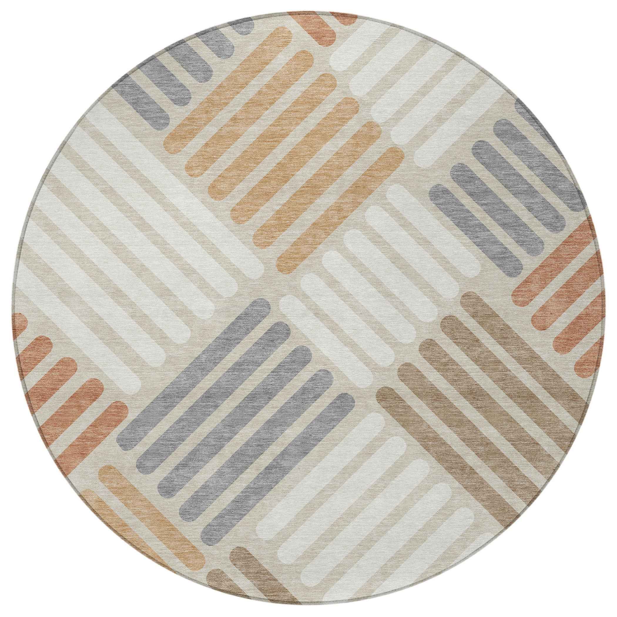 8' Copper Ivory And Rust Round Geometric Washable Indoor Outdoor Area Rug