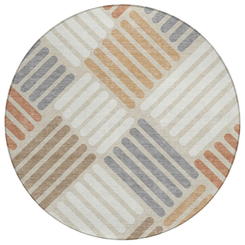 8' Copper Ivory And Rust Round Geometric Washable Indoor Outdoor Area Rug