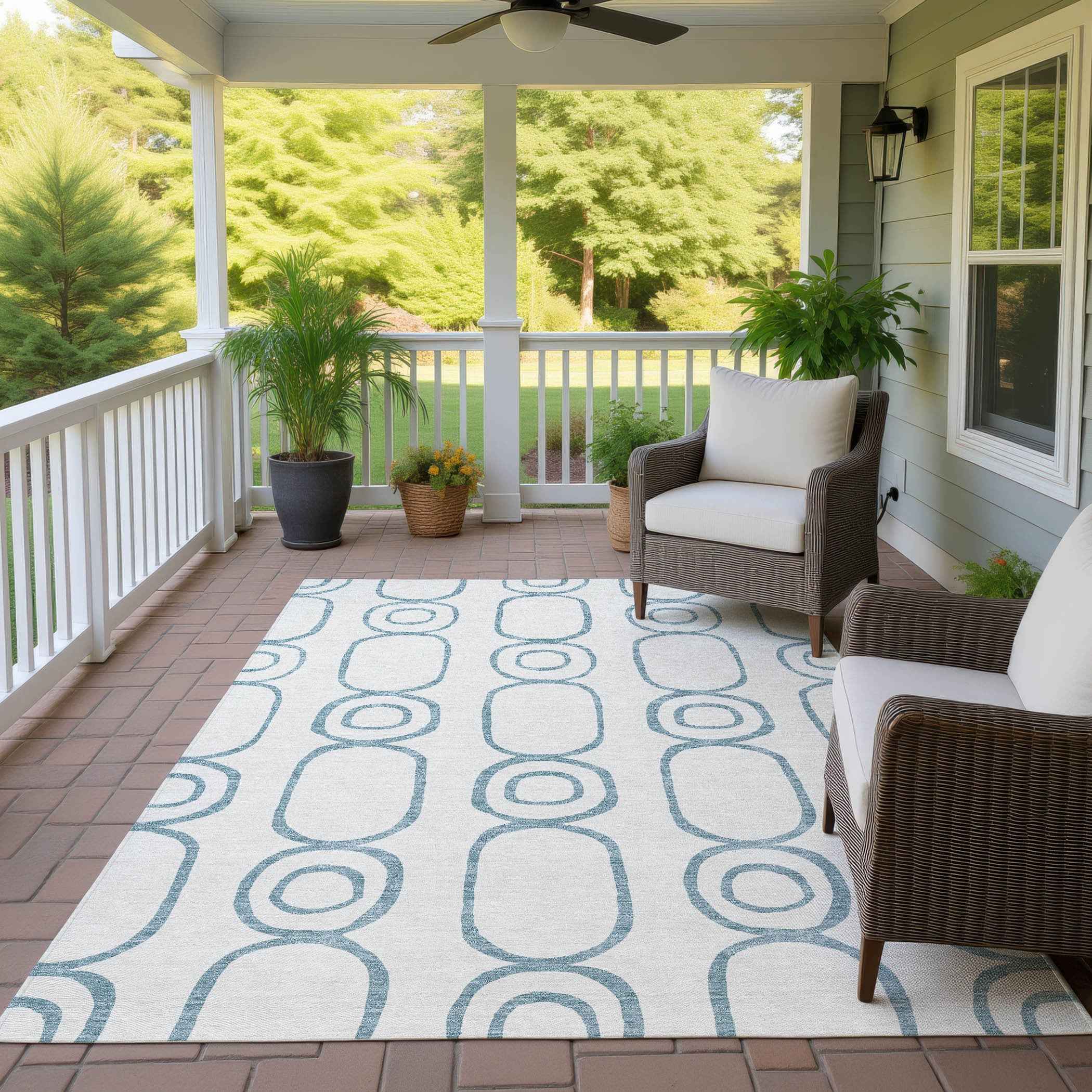 10' X 14' Teal Blue And Ivory Geometric Washable Indoor Outdoor Area Rug