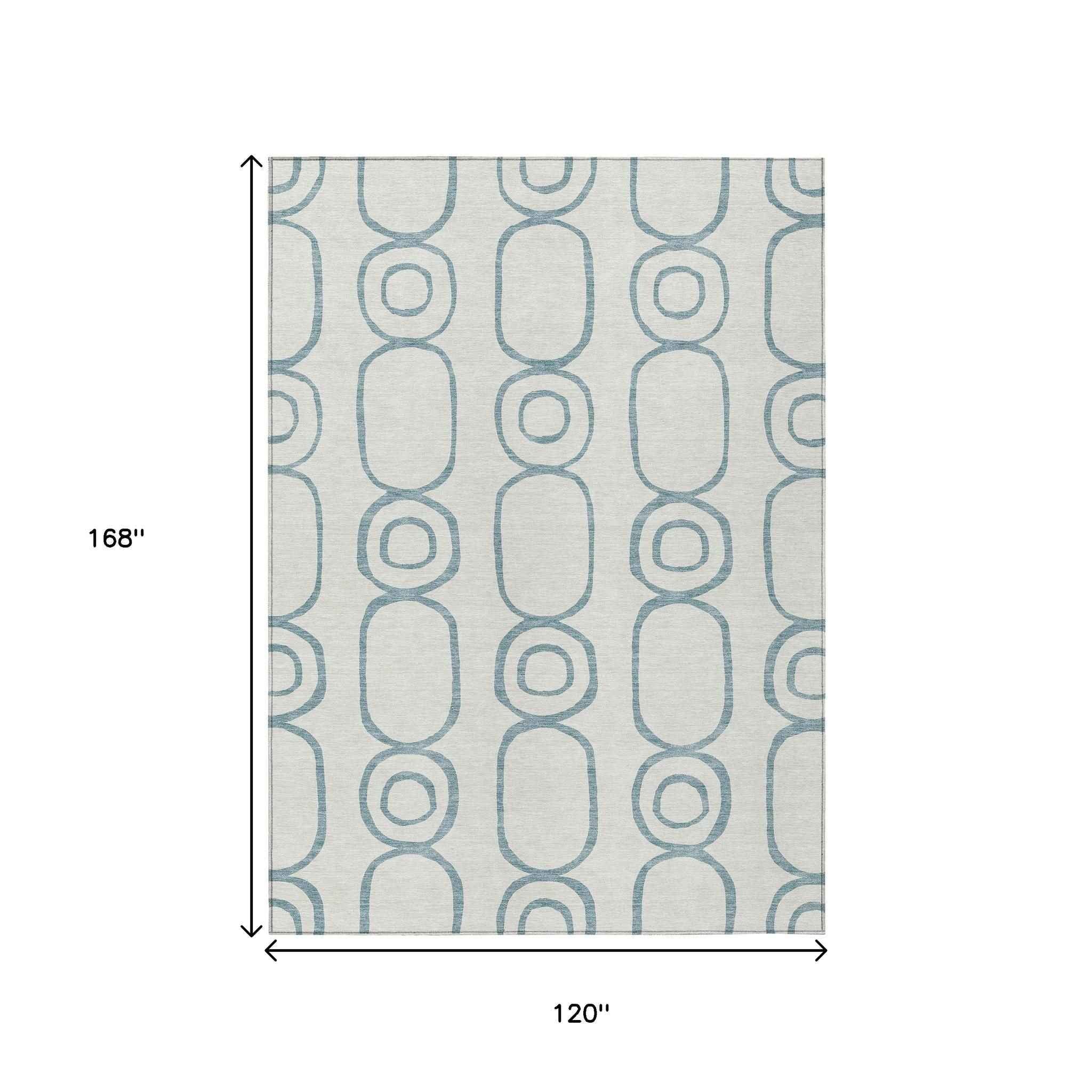 10' X 14' Teal Blue And Ivory Geometric Washable Indoor Outdoor Area Rug