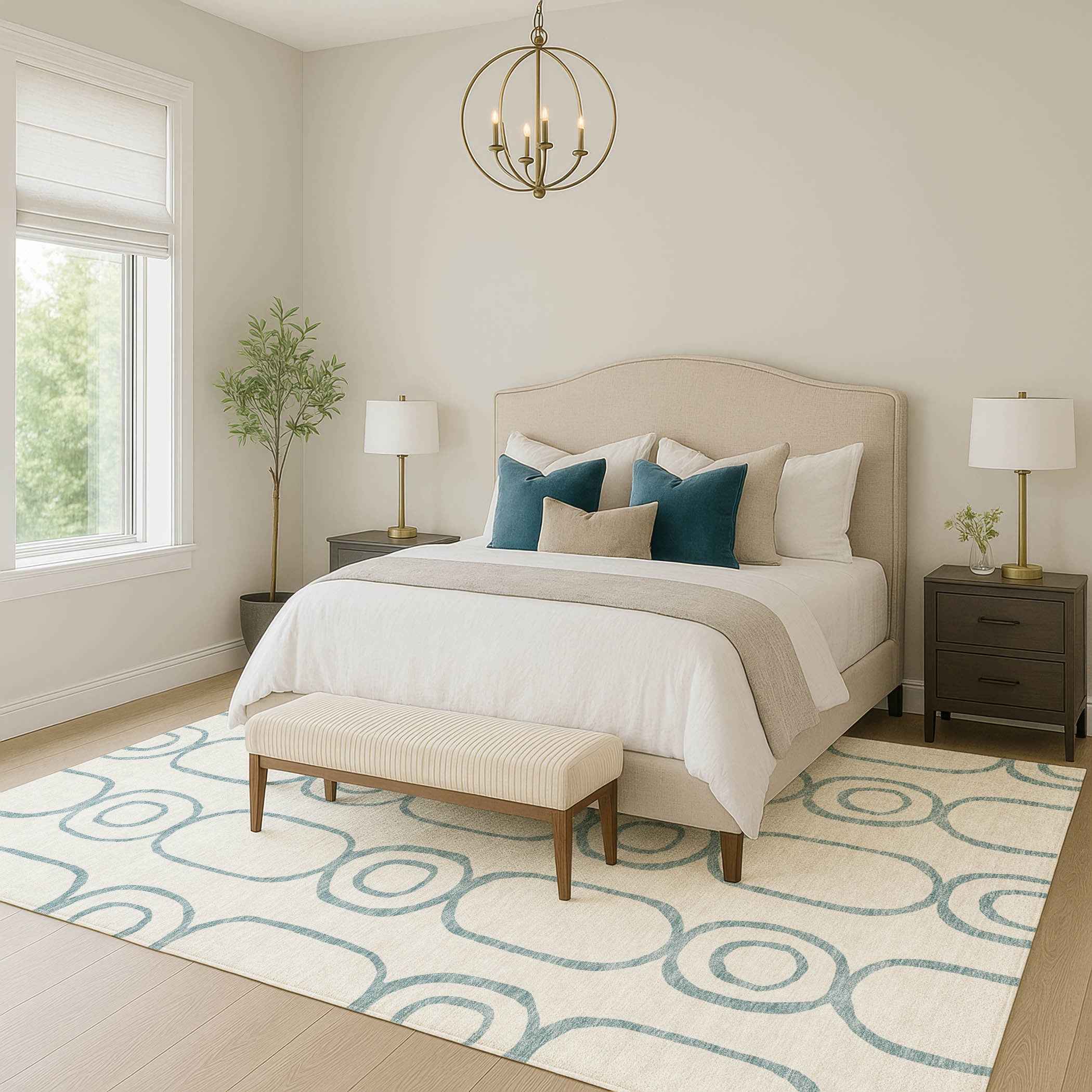 10' X 14' Teal Blue And Ivory Geometric Washable Indoor Outdoor Area Rug