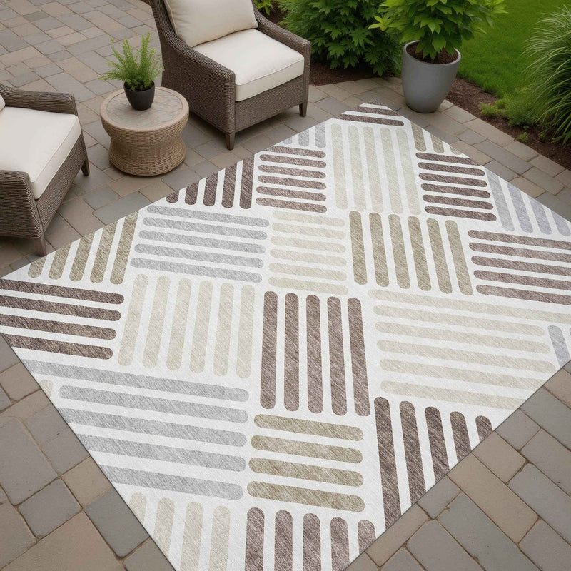 5' X 8' Ivory Beige And Brown Geometric Washable Indoor Outdoor Area Rug