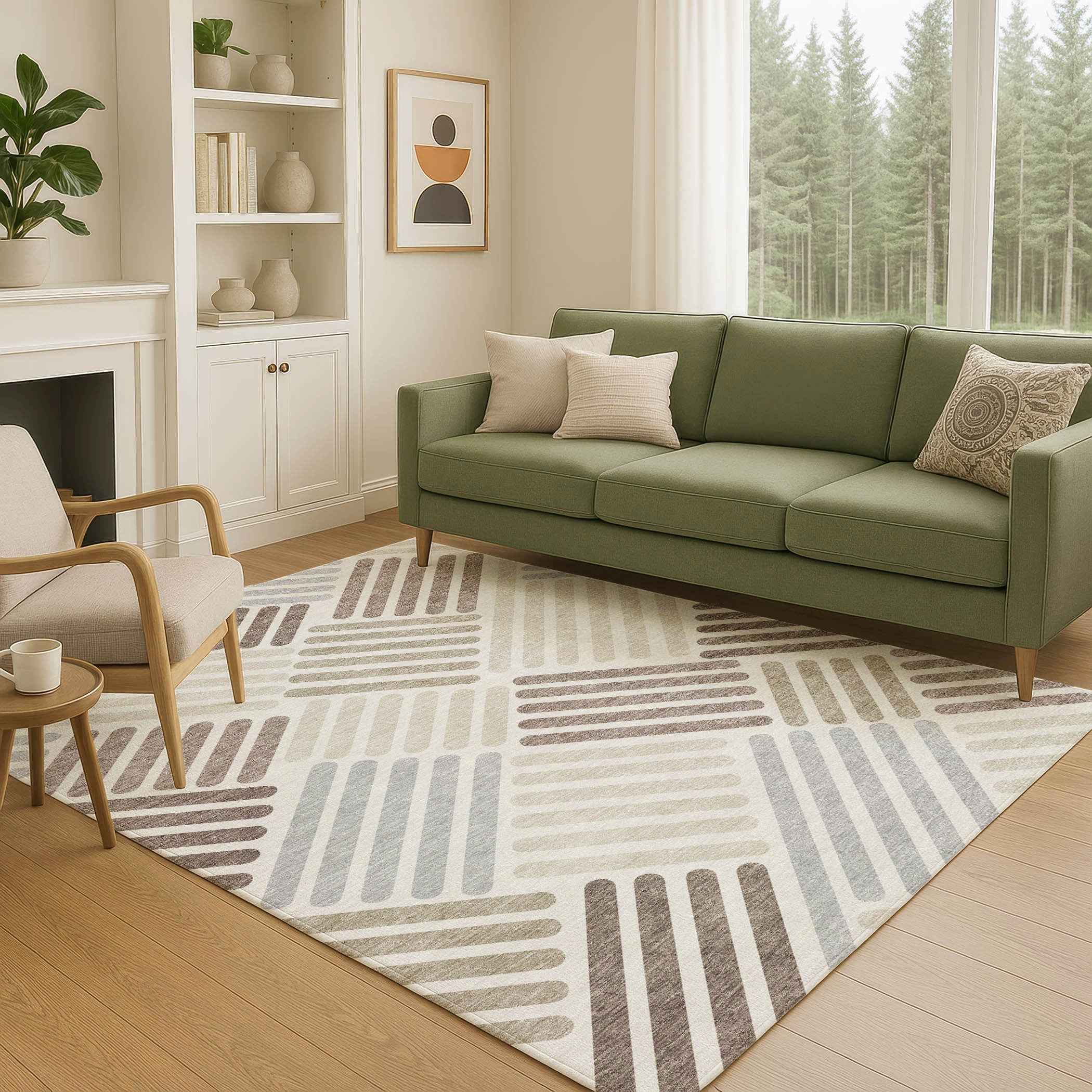 5' X 8' Ivory Beige And Brown Geometric Washable Indoor Outdoor Area Rug