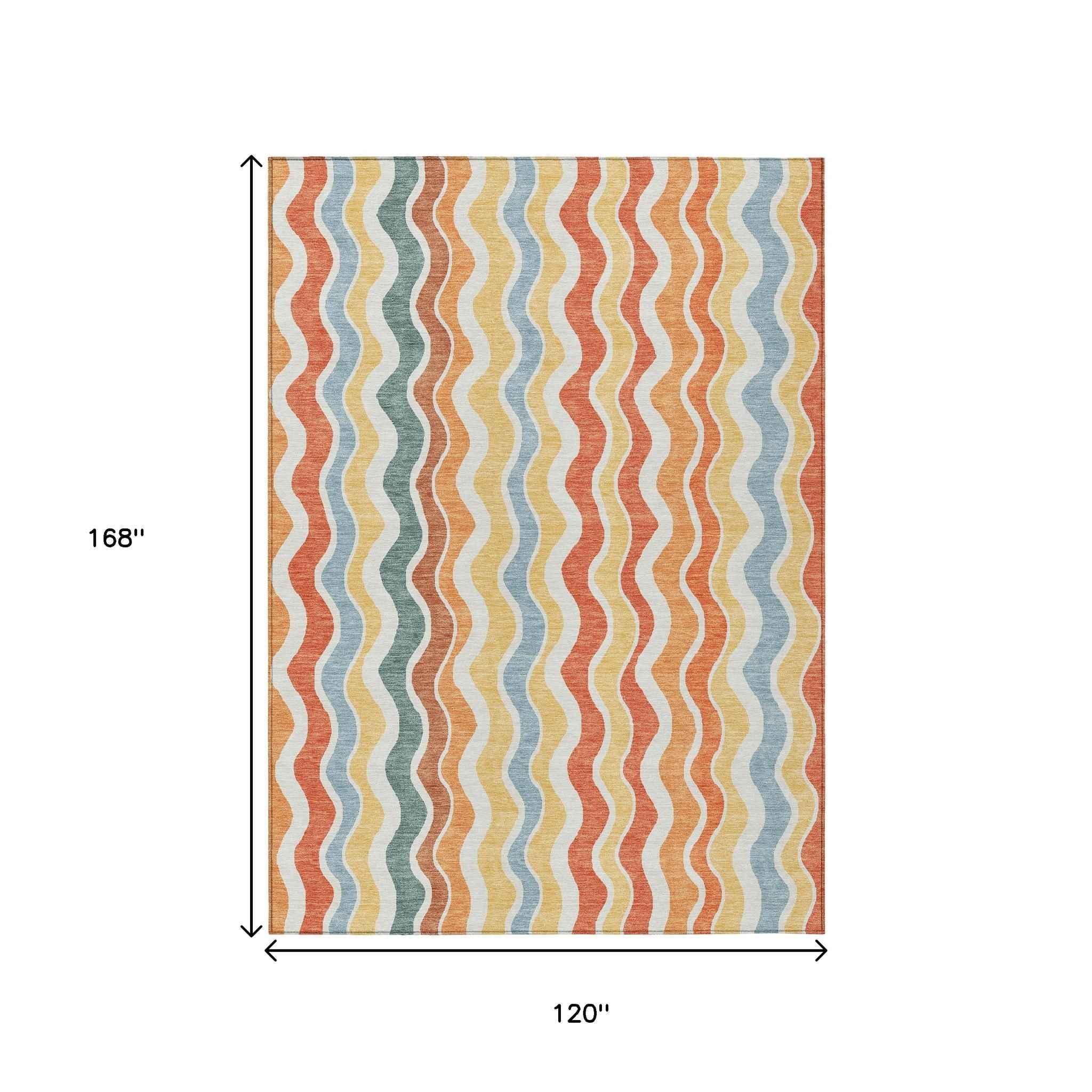 10' X 14' Coral Ivory And Gold Striped Washable Indoor Outdoor Area Rug