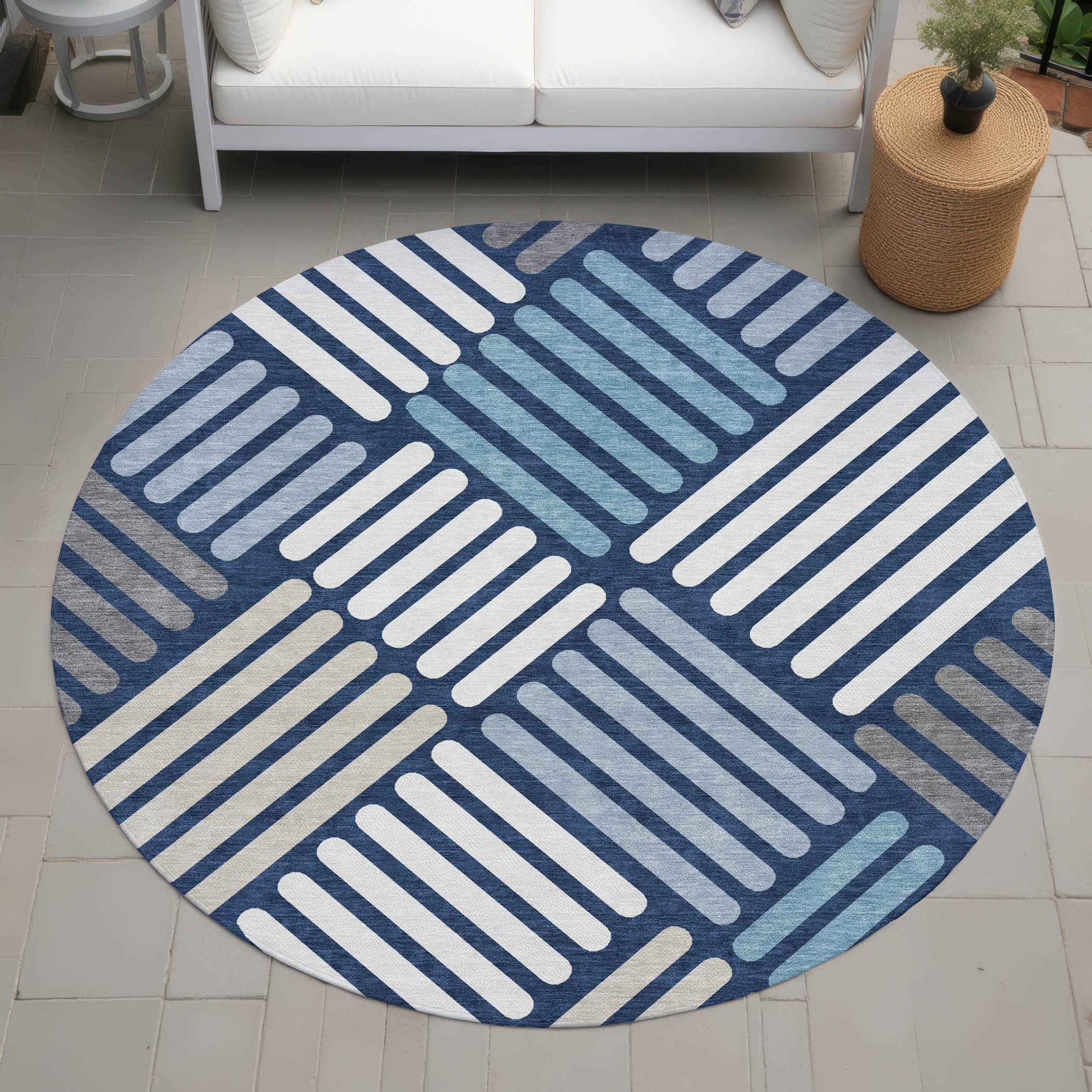 8' Navy Blue Ivory And Pewter Round Geometric Washable Indoor Outdoor Area Rug
