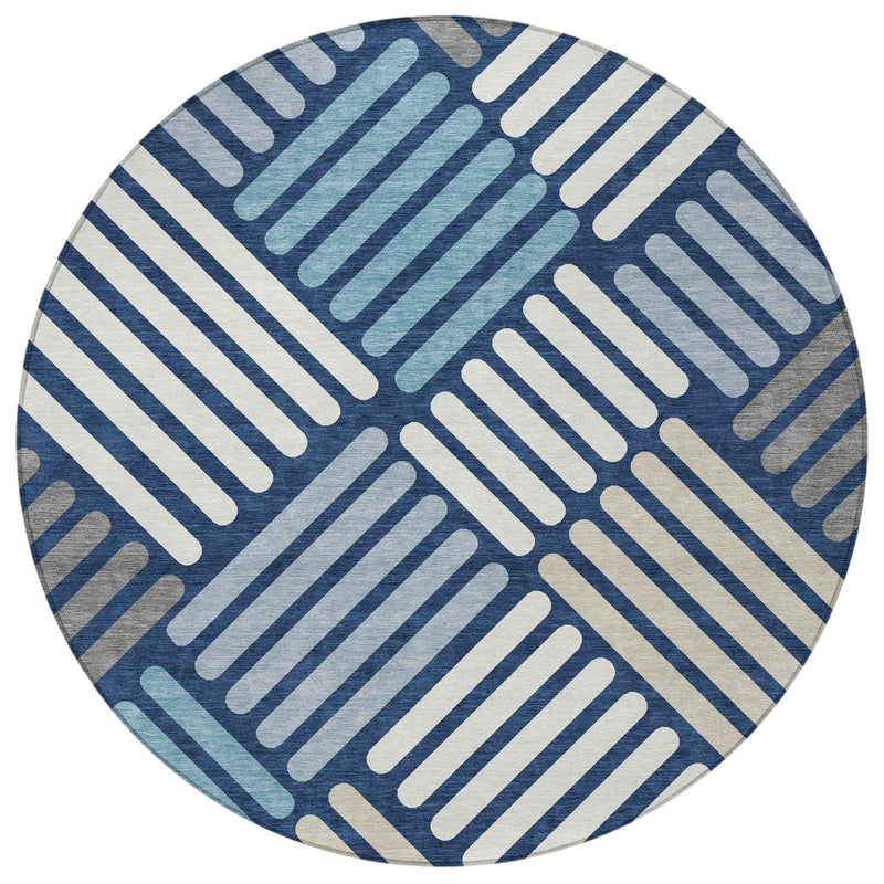 8' Navy Blue Ivory And Pewter Round Geometric Washable Indoor Outdoor Area Rug