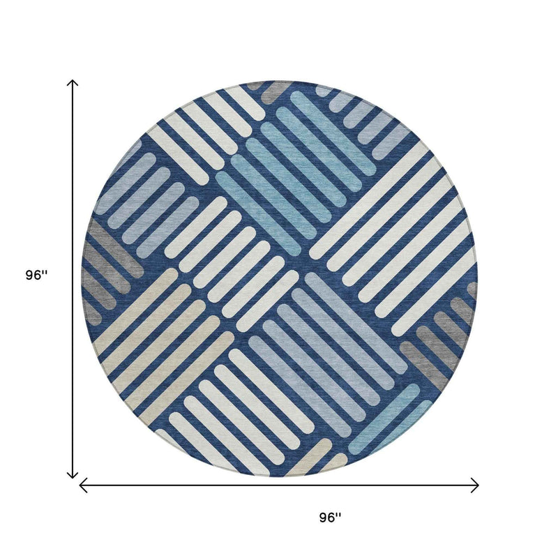 8' Navy Blue Ivory And Pewter Round Geometric Washable Indoor Outdoor Area Rug