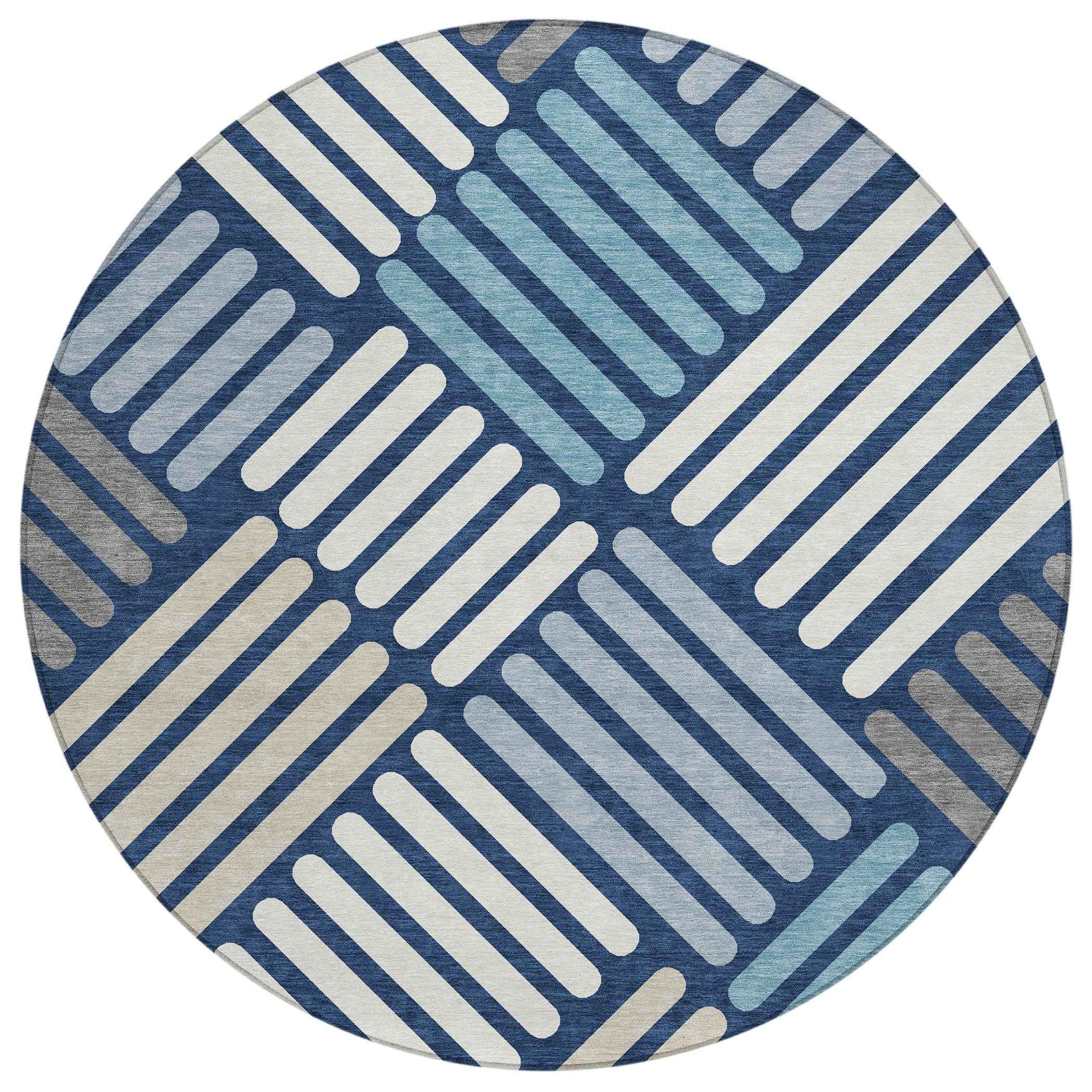 8' Navy Blue Ivory And Pewter Round Geometric Washable Indoor Outdoor Area Rug