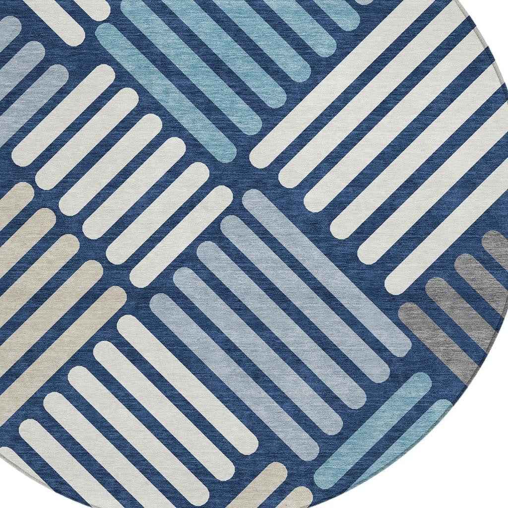 8' Navy Blue Ivory And Pewter Round Geometric Washable Indoor Outdoor Area Rug