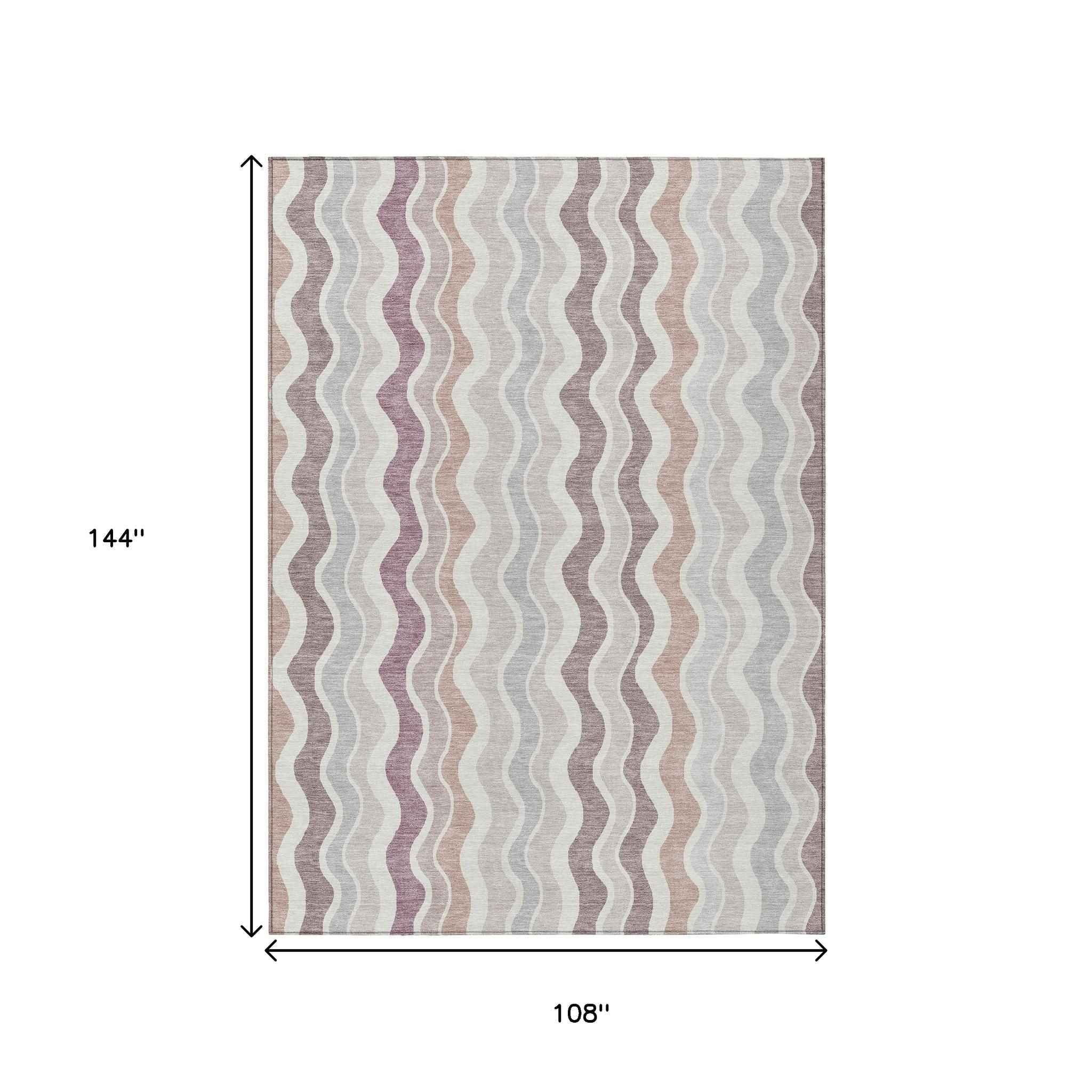 9' X 12' Blush Ivory And Taupe Striped Washable Indoor Outdoor Area Rug