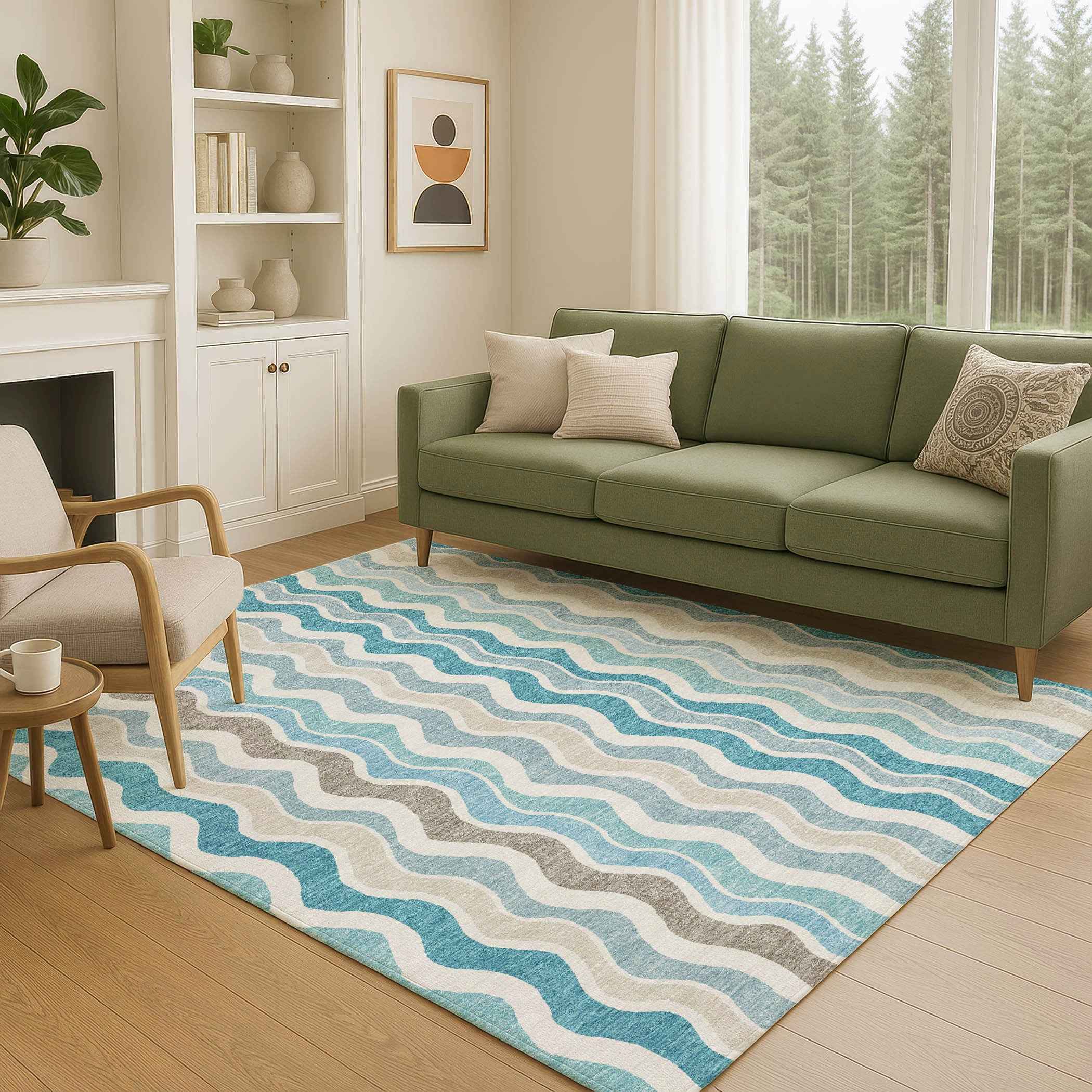 8' X 10' Teal Blue Ivory And Beige Striped Washable Indoor Outdoor Area Rug