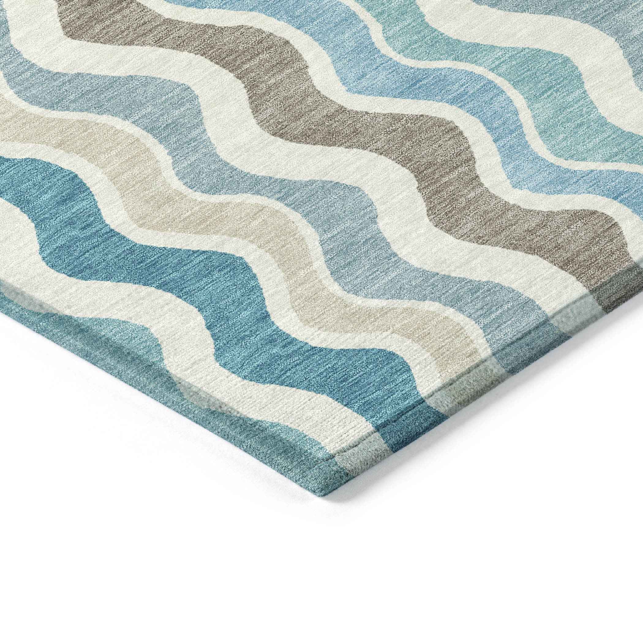 8' X 10' Teal Blue Ivory And Beige Striped Washable Indoor Outdoor Area Rug