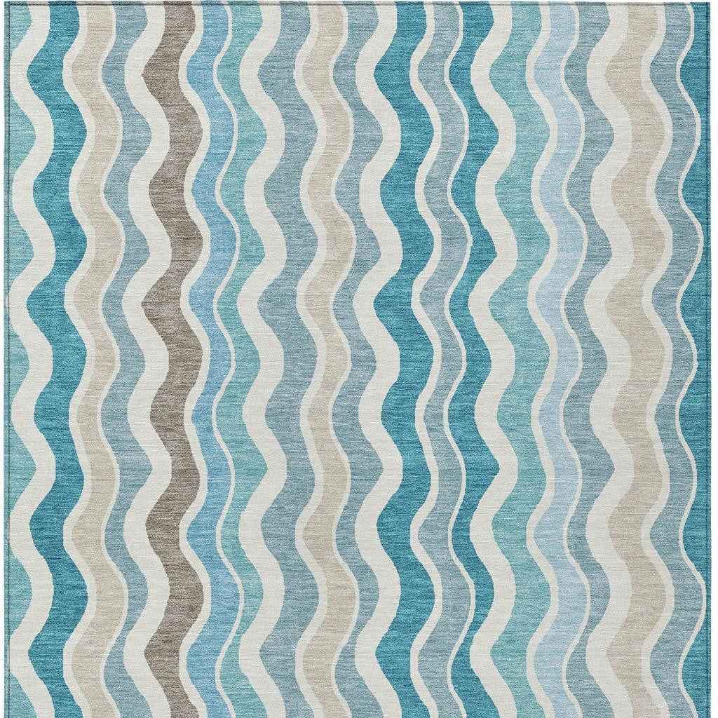 8' X 10' Teal Blue Ivory And Beige Striped Washable Indoor Outdoor Area Rug