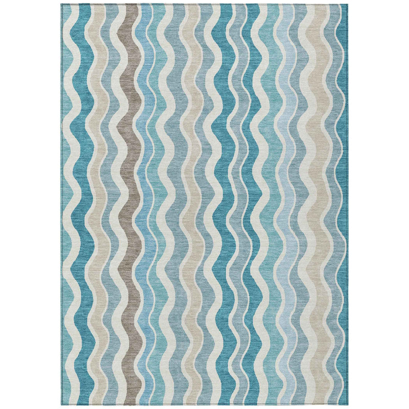 8' X 10' Teal Blue Ivory And Beige Striped Washable Indoor Outdoor Area Rug