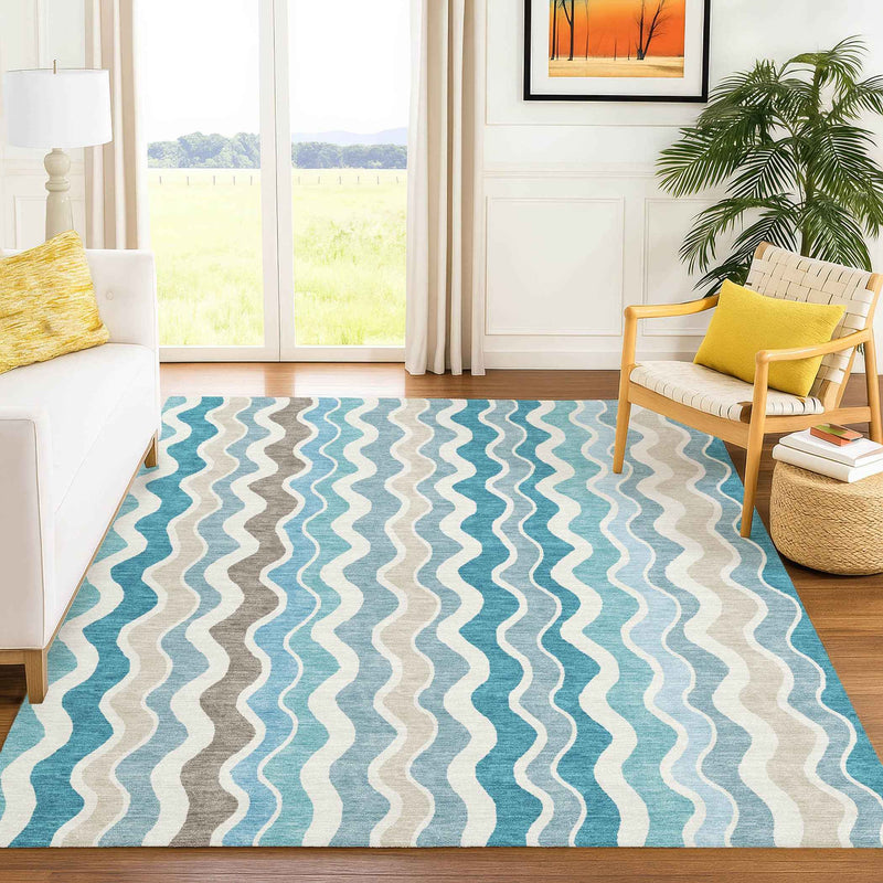 8' X 10' Teal Blue Ivory And Beige Striped Washable Indoor Outdoor Area Rug