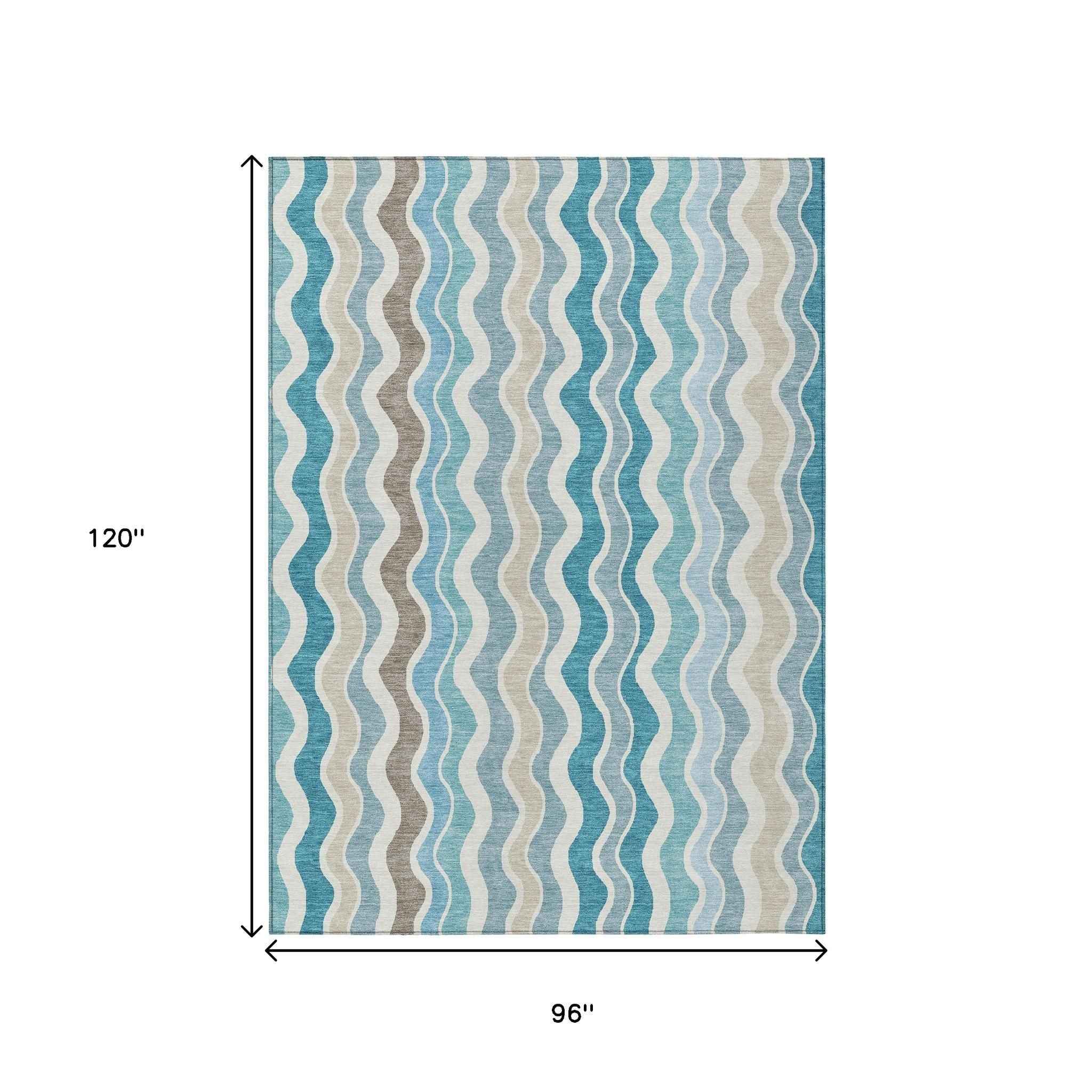 8' X 10' Teal Blue Ivory And Beige Striped Washable Indoor Outdoor Area Rug